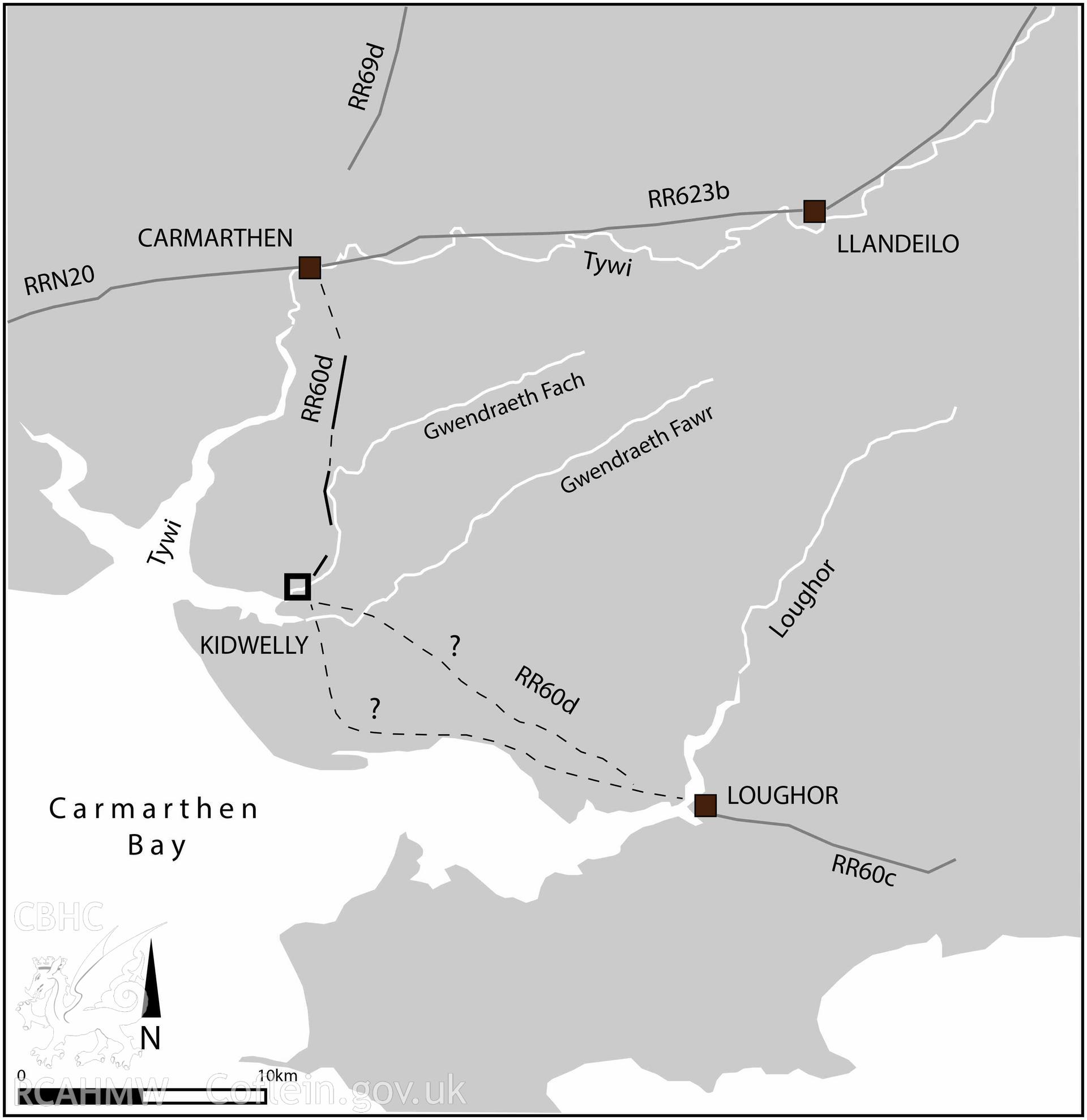 Location map for RR60 Roman road from Carmarthen to Kidwelly. Map published in Driver, T., Burnham, B C, and Davies, J. L. 2020. Roman Wales: Aerial Discoveries and New Observations from the Drought of 2018. Britannia. 1-29. Figure 20.
 Received from Toby Driver of the RCAHMW Survey team , 2024.