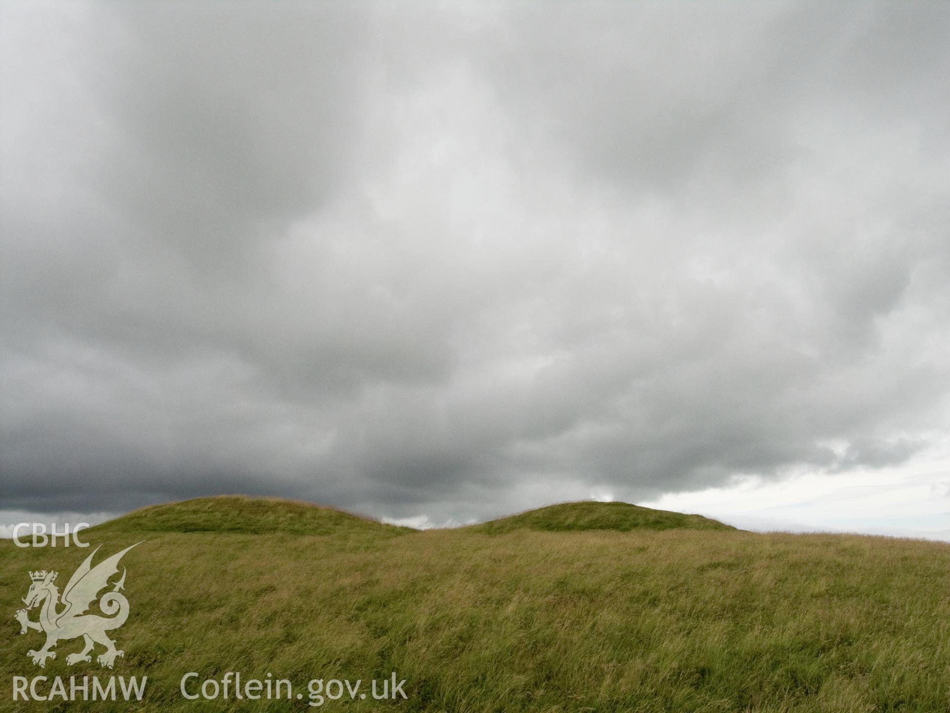 view of Rhos Crug barrows with barrow I (306164) to the L and barrow II (306165 to the R.