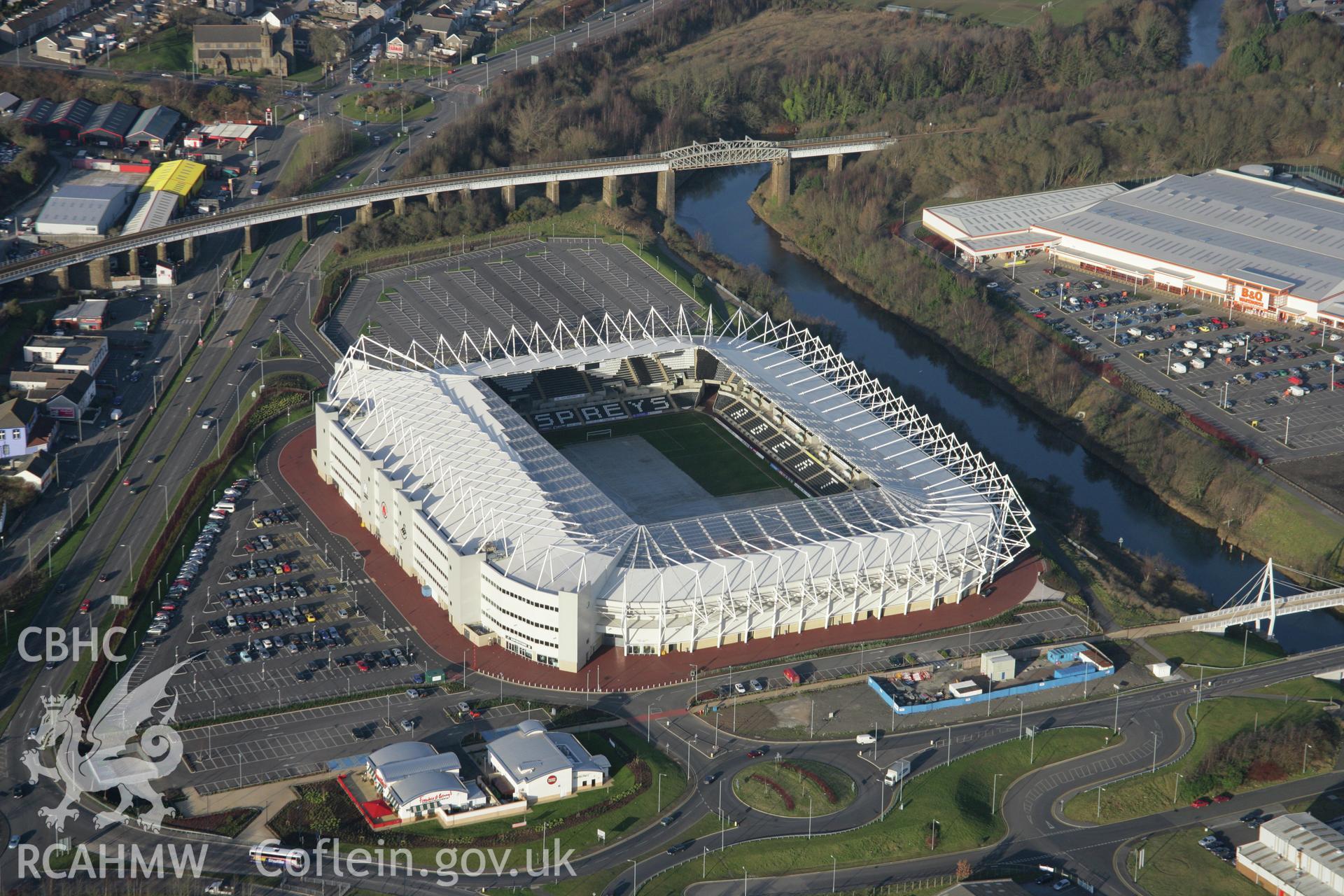 RCAHMW colour oblique aerial photograph of Morfa Stadium Sports Ground, Swansea, viewed from the south. Taken on 26 January 2006 by Toby Driver.