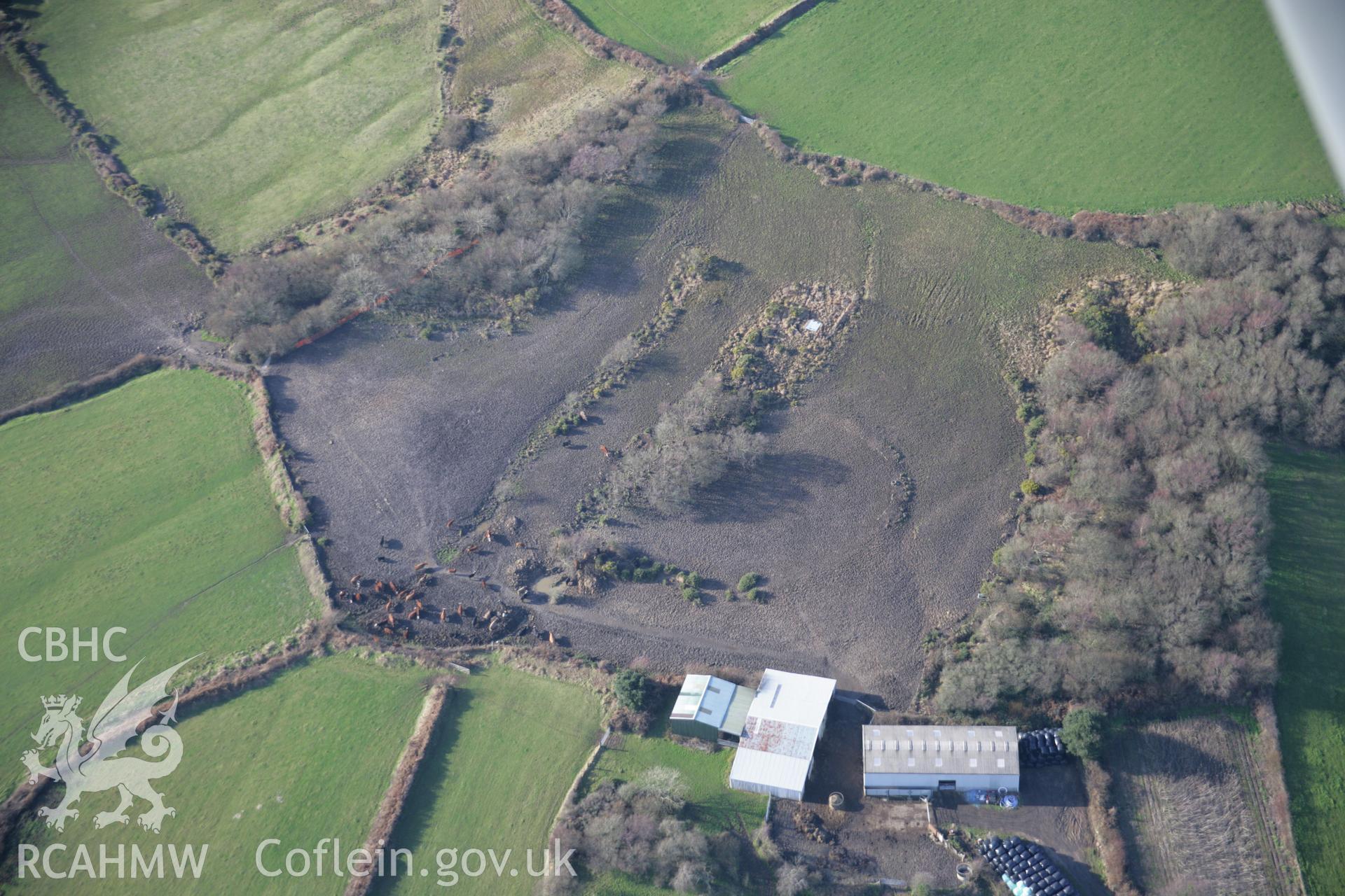 RCAHMW colour oblique aerial photograph of a defended enclosure on Druids Moor viewed from the south-east. Taken on 26 January 2006 by Toby Driver.