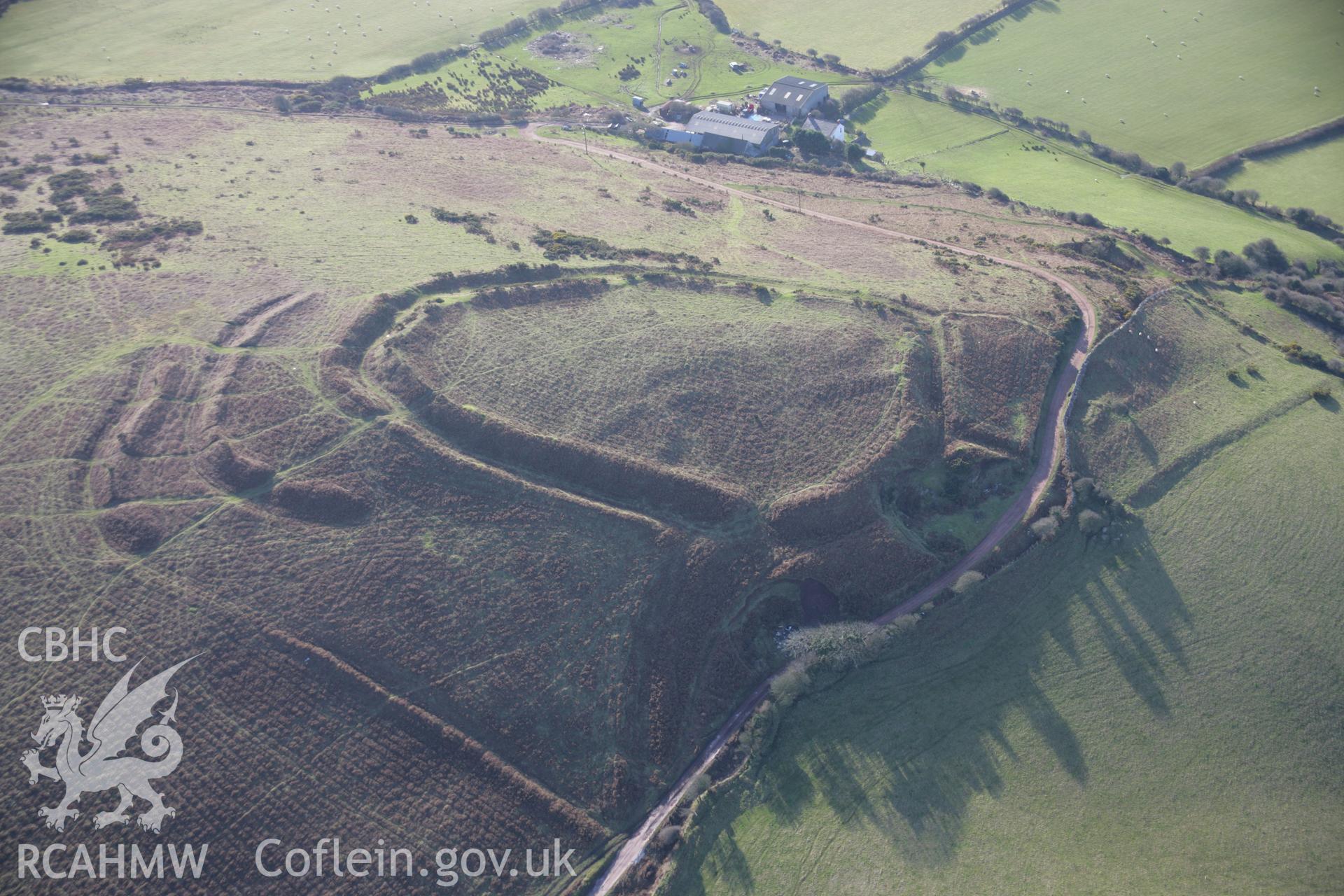 RCAHMW colour oblique aerial photograph of Hardings Down West Fort from the north. Taken on 26 January 2006 by Toby Driver.