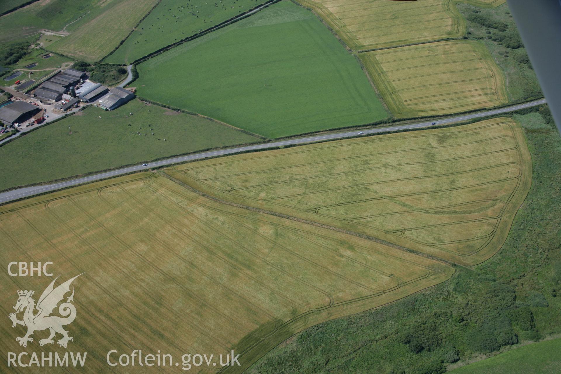 RCAHMW colour oblique aerial photograph of a cropmark enclosure at Pointz Castle. Taken on 14 July 2006 by Toby Driver.