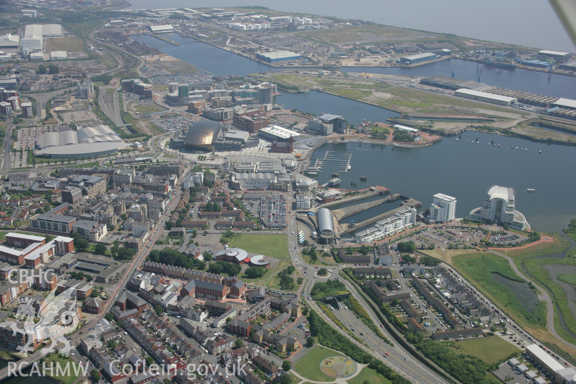 RCAHMW colour oblique photograph of Cardiff Bay; Cardiff Docks entrance channel. Taken by Toby Driver on 29/06/2006.