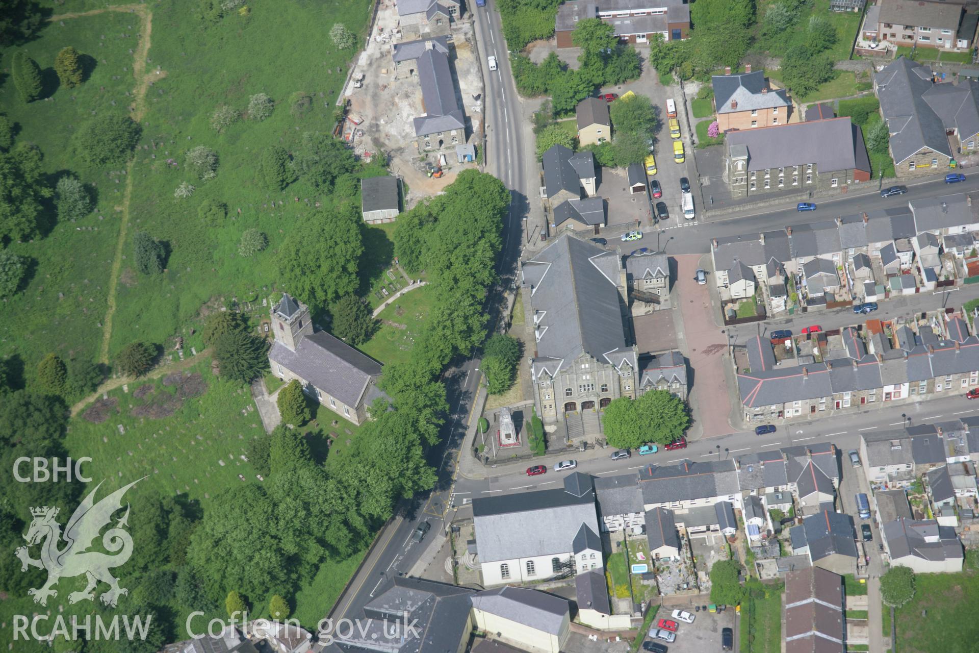 RCAHMW colour oblique aerial photograph of Blaenavon Workingmens' Hall and Institute from the east. Taken on 09 June 2006 by Toby Driver.