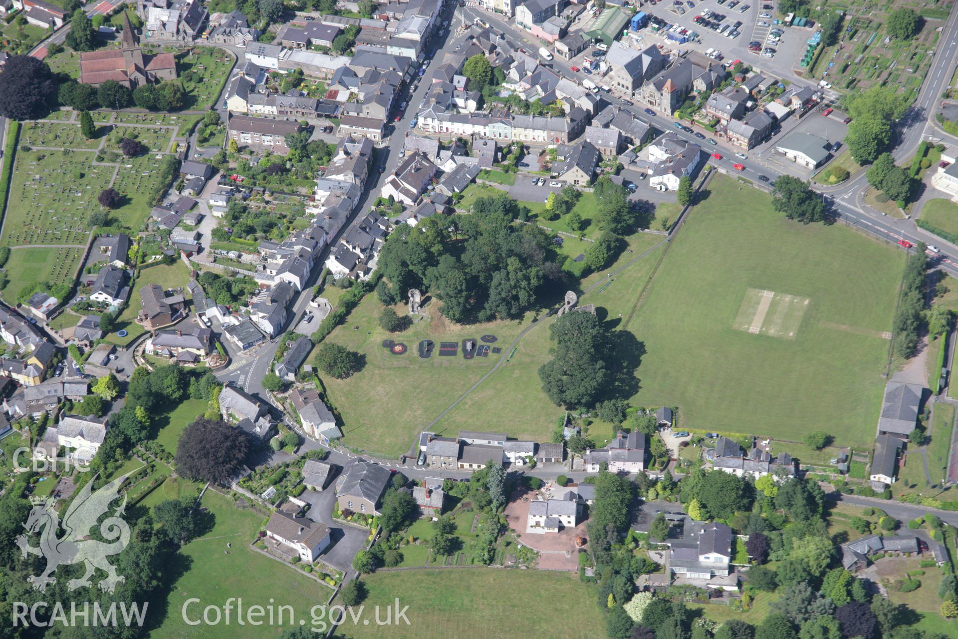 RCAHMW colour oblique aerial photograph of Crickhowell Castle. Taken on 13 July 2006 by Toby Driver.