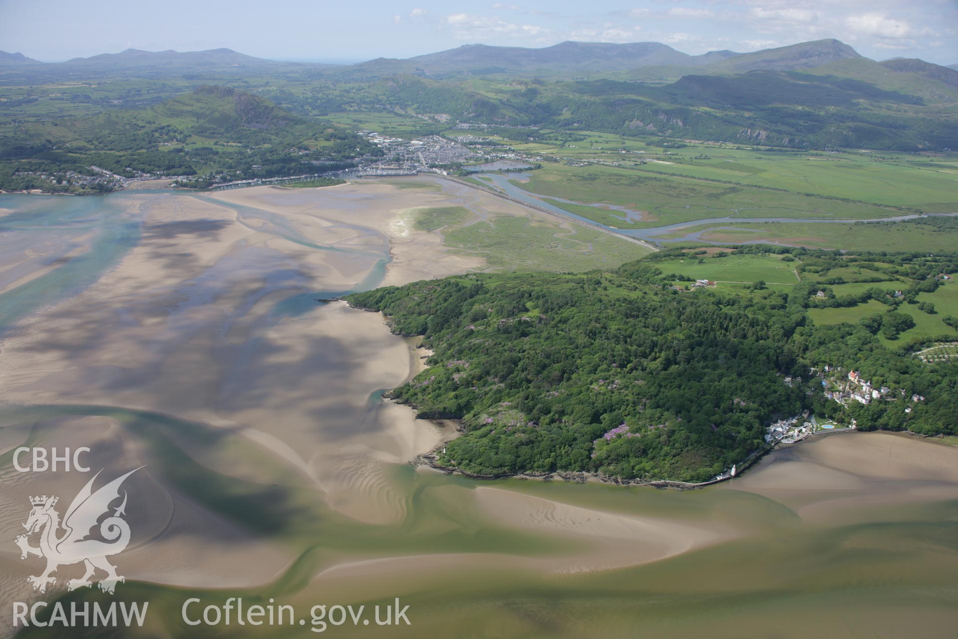 RCAHMW colour oblique aerial photograph of Portmeirion Grounds and Gardens from the south-east. Taken on 14 June 2006 by Toby Driver.