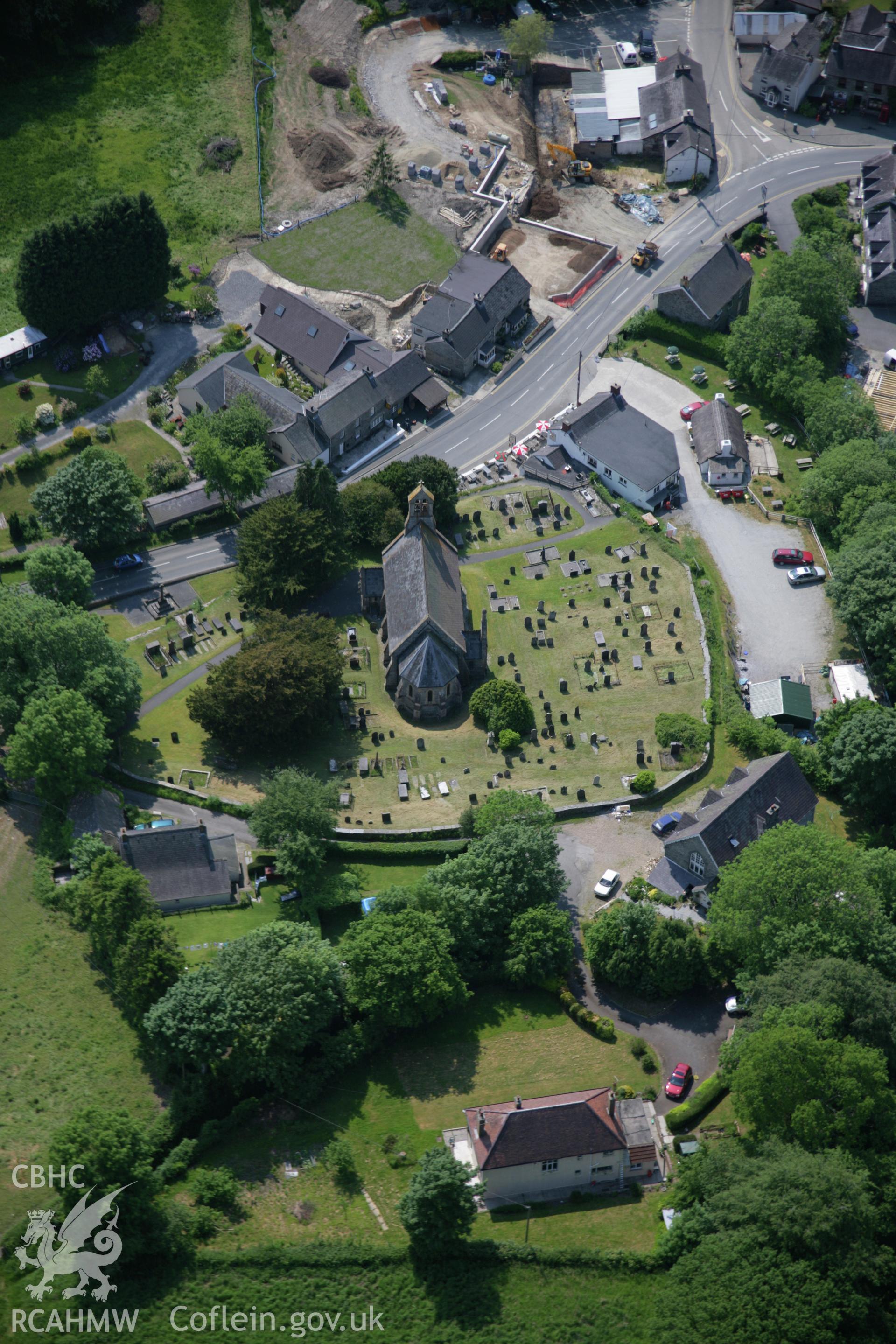 RCAHMW colour oblique aerial photograph of St Llawddog's Church, Cenarth, from the east. Taken on 08 June 2006 by Toby Driver.