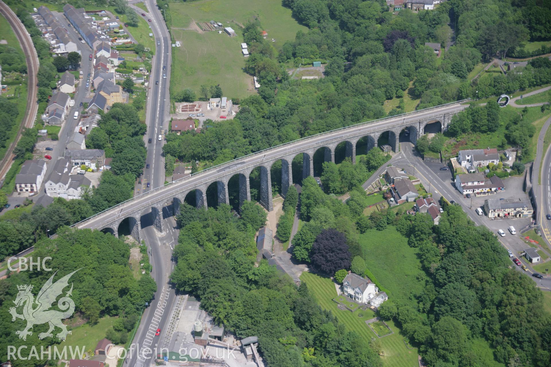 RCAHMW colour oblique aerial photograph of Hengoed Viaduct, Ystrad Mynach, from the south-west. Taken on 09 June 2006 by Toby Driver.