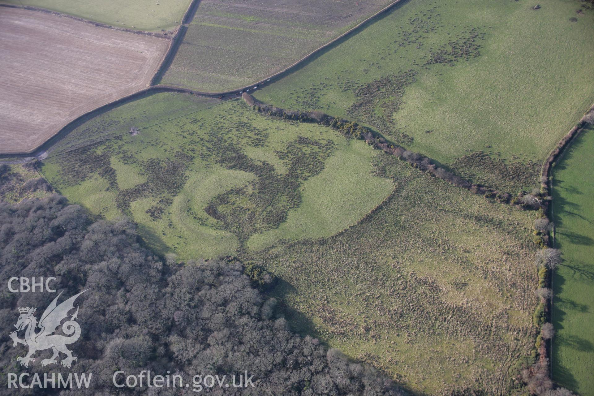 RCAHMW colour oblique aerial photograph of Berry Wood Earthwork from the east. Taken on 26 January 2006 by Toby Driver.