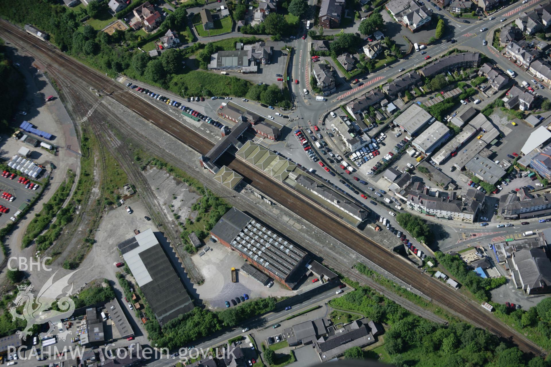 RCAHMW colour oblique aerial photograph of Bangor Railway Station from the south. Taken on 14 June 2006 by Toby Driver.