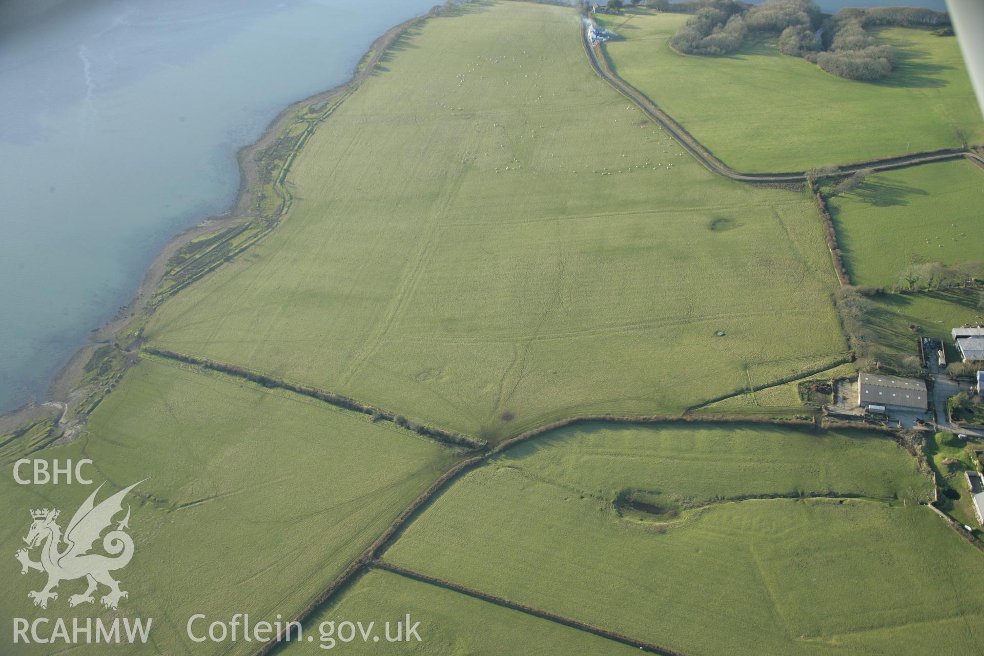 RCAHMW colour oblique aerial photograph of Coedcanlas Garden Earthworks, Martletwy from the east. Taken on 26 January 2006 by Toby Driver.