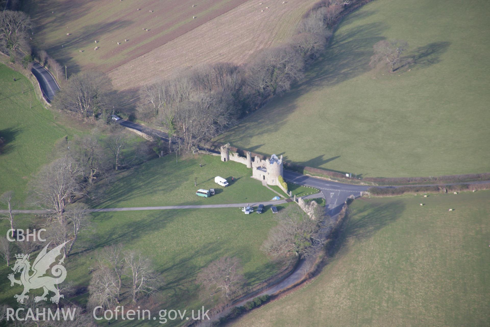 RCAHMW colour oblique aerial photograph of Penrice Castle Towers and lodge, viewed from the south. Taken on 26 January 2006 by Toby Driver.