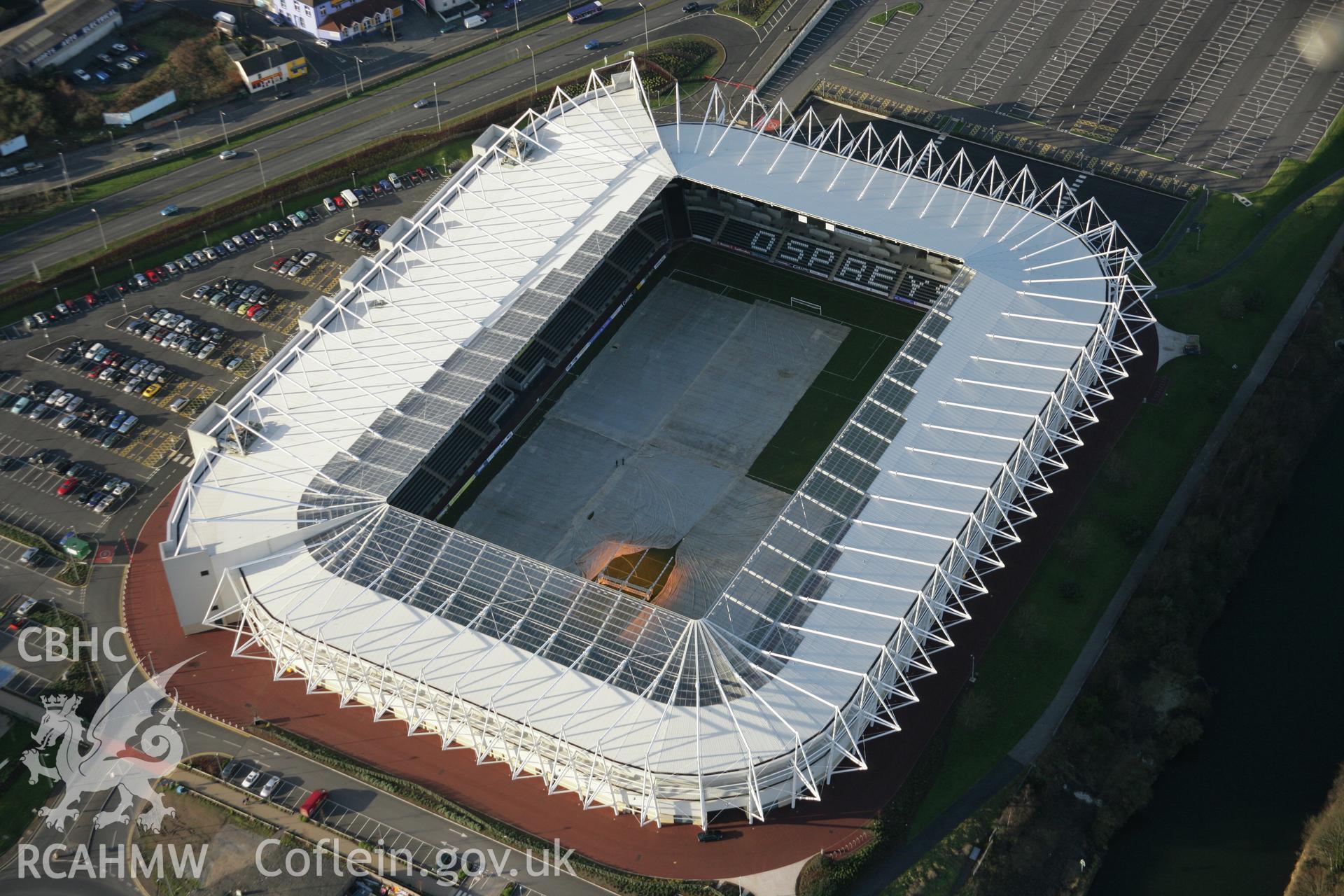 RCAHMW colour oblique aerial photograph of Morfa Stadium Sports Ground, Swansea, viewed from the north-east. Taken on 26 January 2006 by Toby Driver.