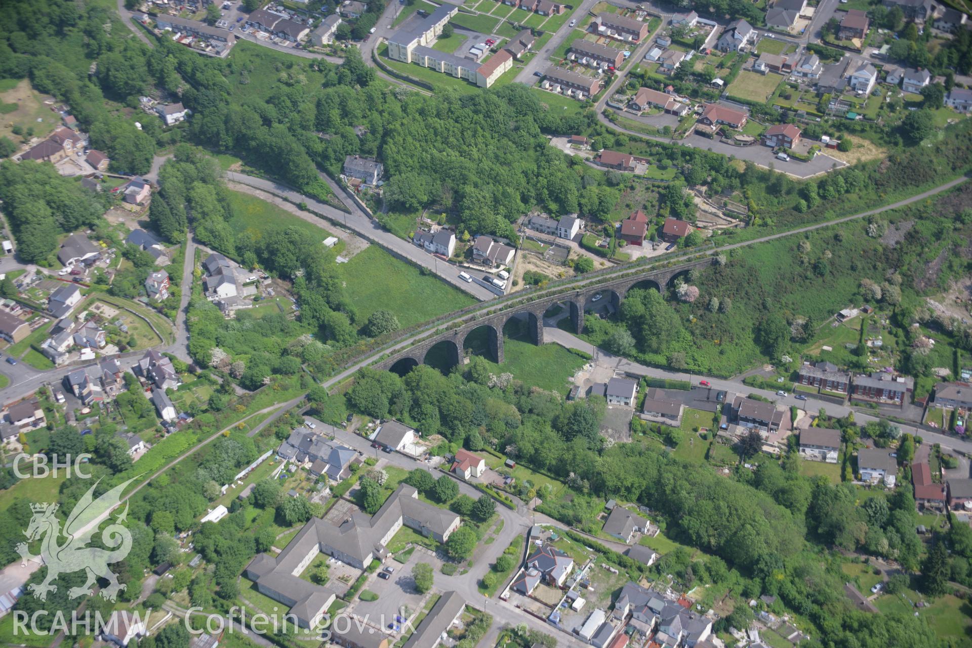 RCAHMW colour oblique aerial photograph of Talywain Railway Viaduct, Abersychan, from the south-west. Taken on 09 June 2006 by Toby Driver.