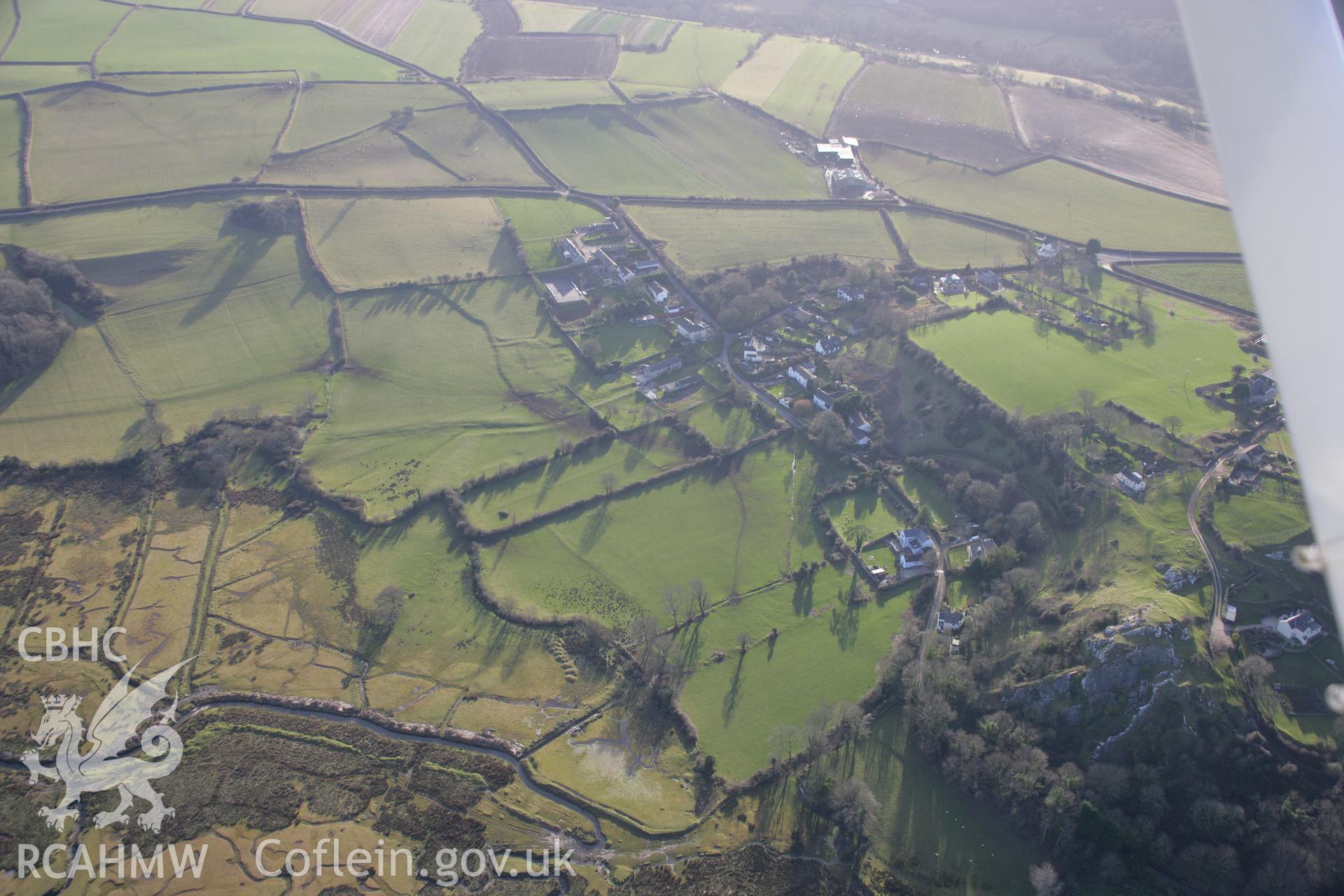 RCAHMW colour oblique aerial photograph of Cheriton Shrunken Village, Landimore. A wide view from the north-east. Taken on 26 January 2006 by Toby Driver.