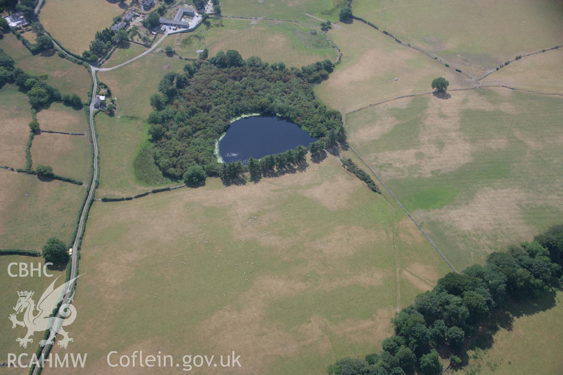 RCAHMW colour oblique aerial photograph of Llyn Coririon enclosure. Taken on 25 July 2006 by Toby Driver.