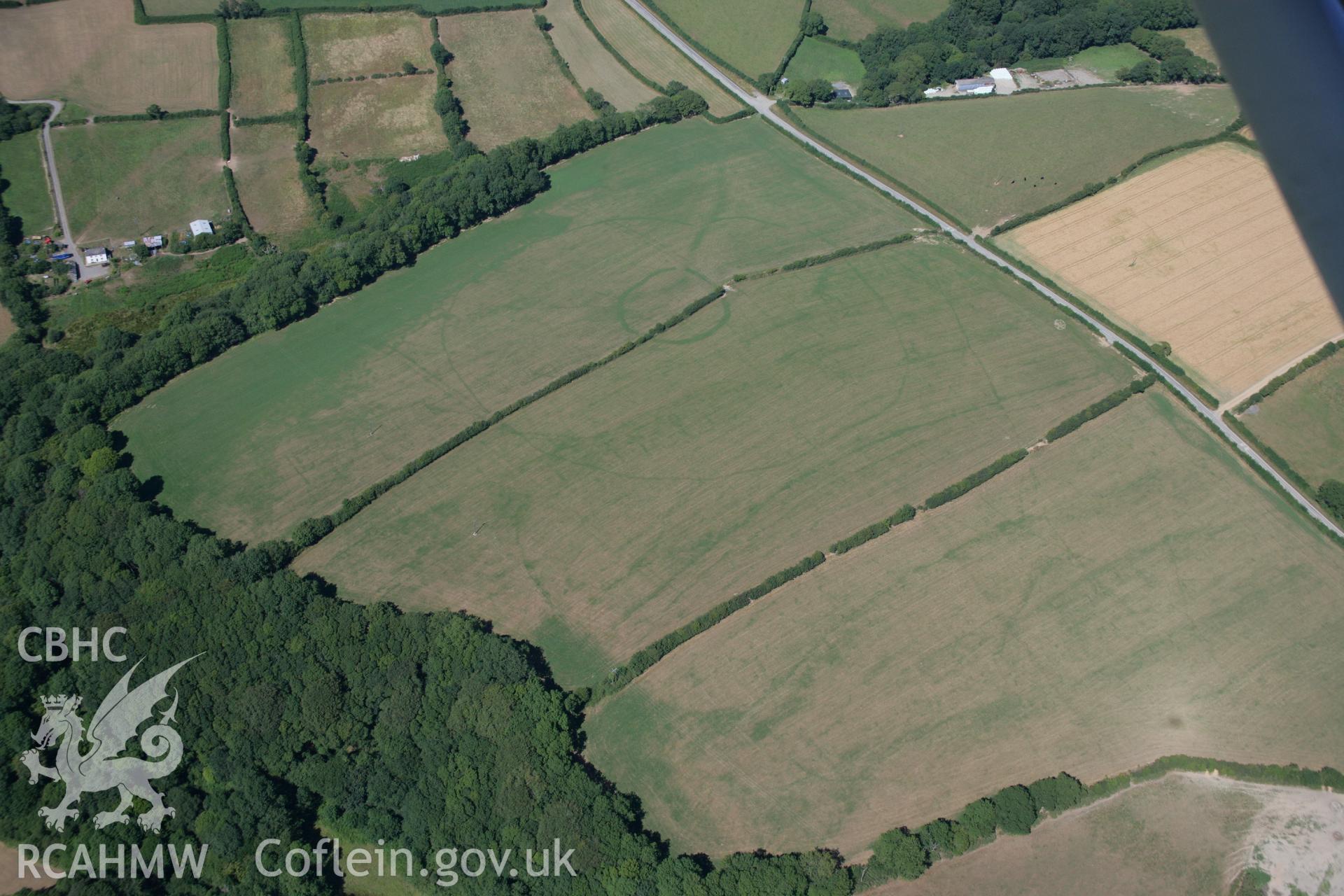 RCAHMW colour oblique aerial photograph of a concentric cropmark enclosure northwest of Brechfa. Taken on 24 July 2006 by Toby Driver.