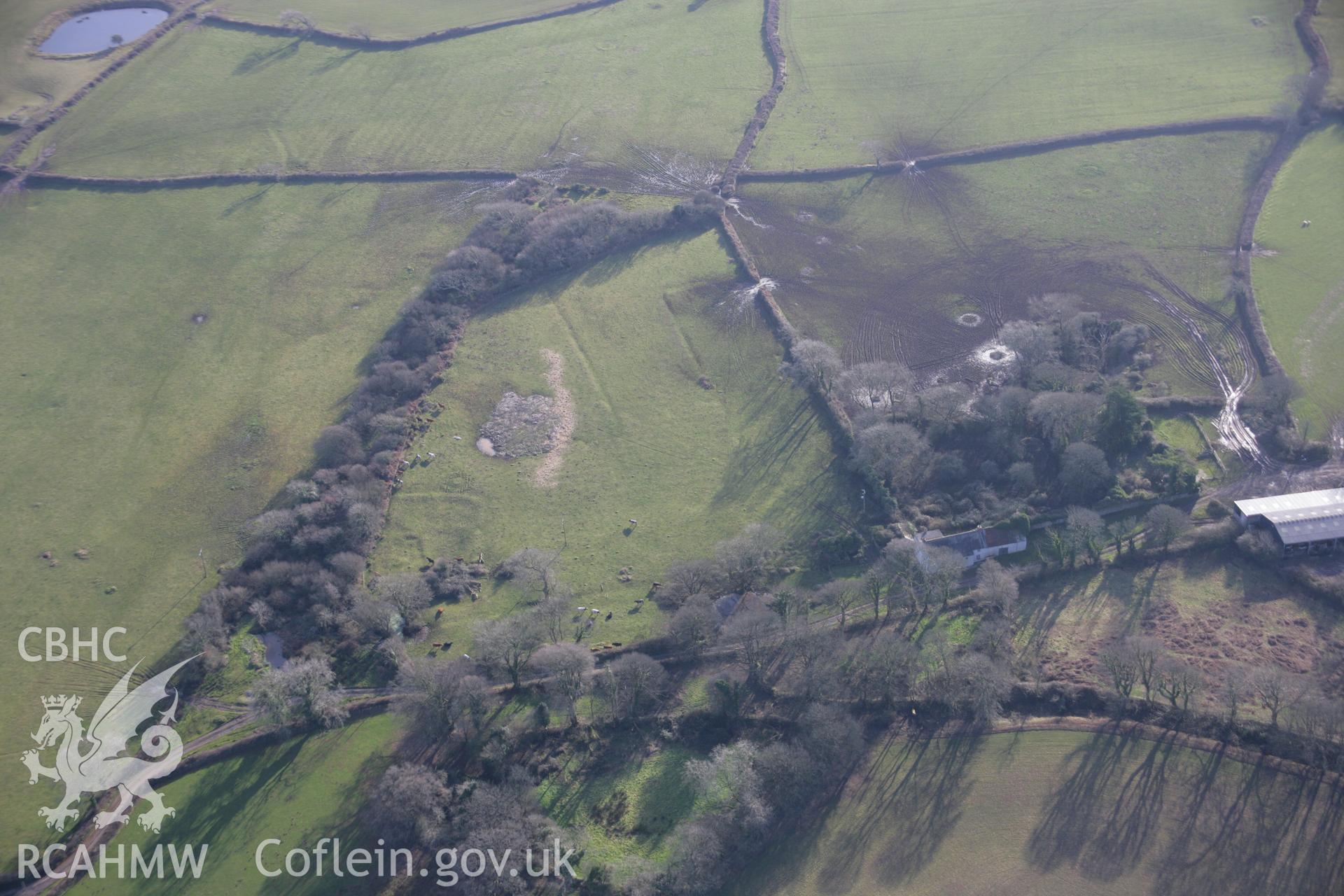 RCAHMW colour oblique aerial photograph of Old Henllys moated site, viewed from the north-east. Taken on 26 January 2006 by Toby Driver.