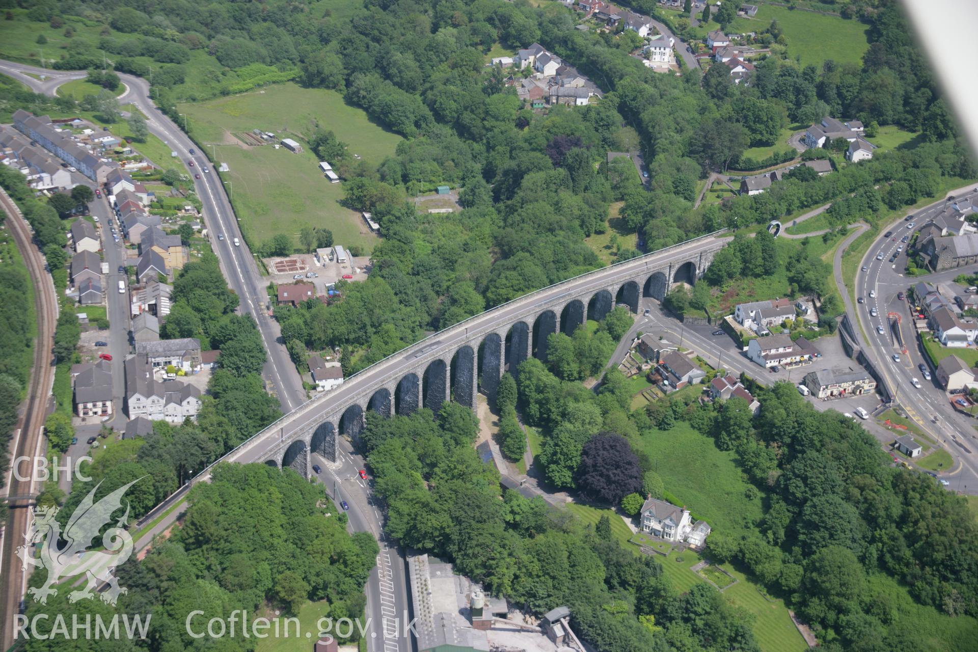 RCAHMW colour oblique aerial photograph of Hengoed Viaduct, Ystrad Mynach, from the south-west. Taken on 09 June 2006 by Toby Driver.