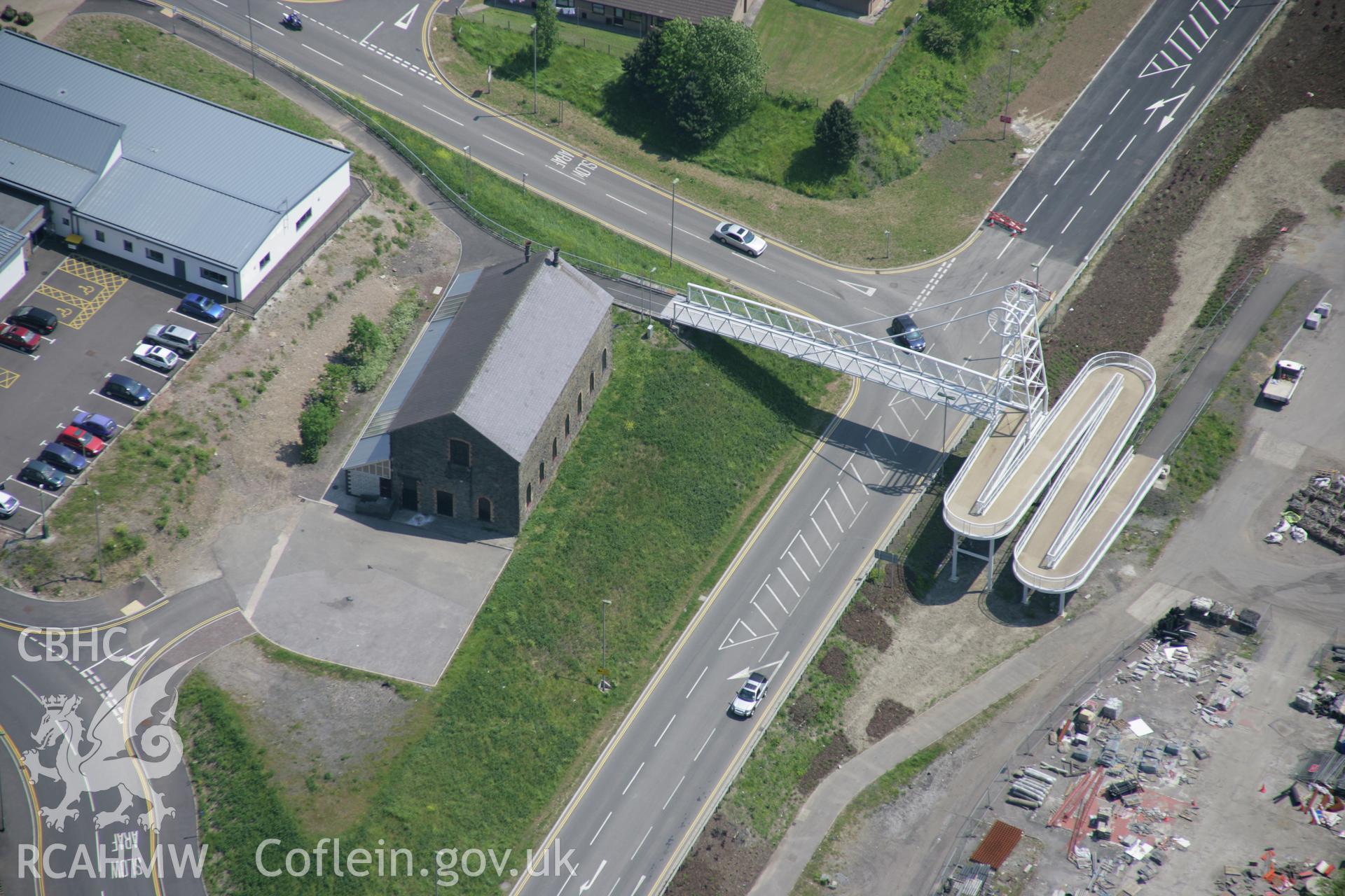 RCAHMW colour oblique aerial photograph of the winding house at Elliot Colliery, New Tredegar, from the north-west. Taken on 09 June 2006 by Toby Driver.