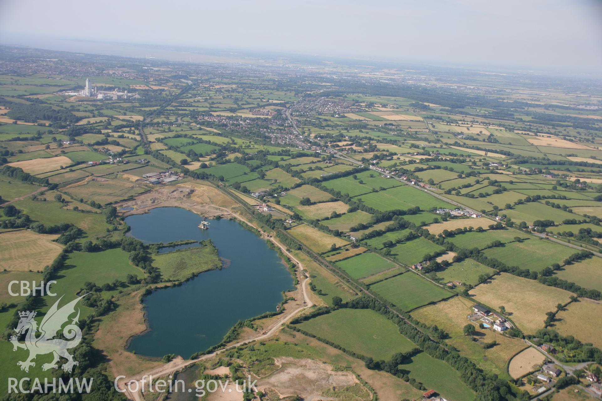 RCAHMW colour oblique aerial photograph of two sections of Wat's Dyke between Clawdd Offa and Pigeon House Farm. Taken on 17 July 2006 by Toby Driver.