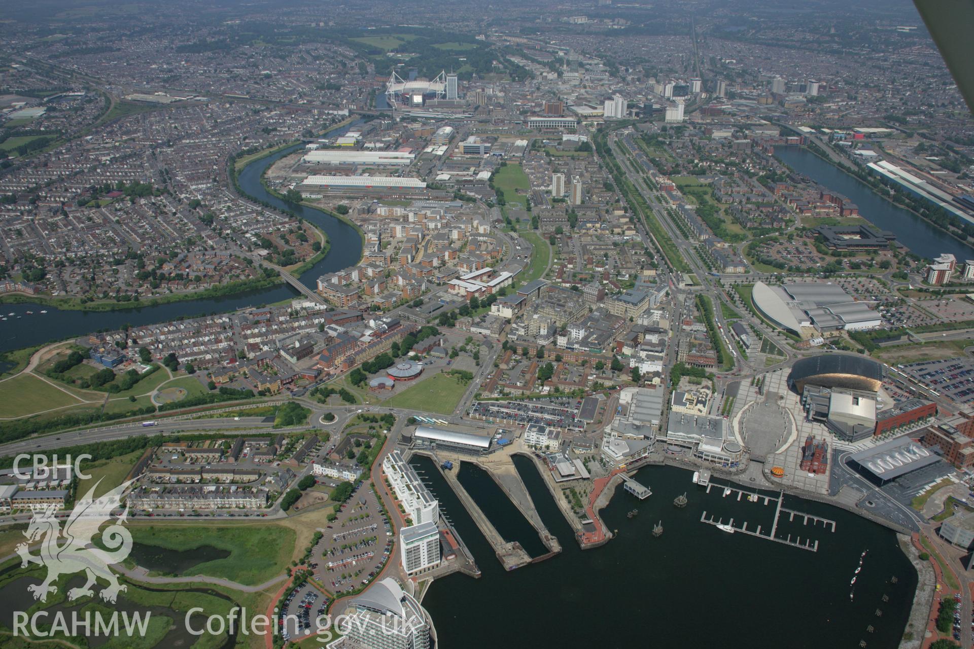 RCAHMW colour oblique photograph of Cardiff Bay; Cardiff Docks entrance channel. Taken by Toby Driver on 29/06/2006.