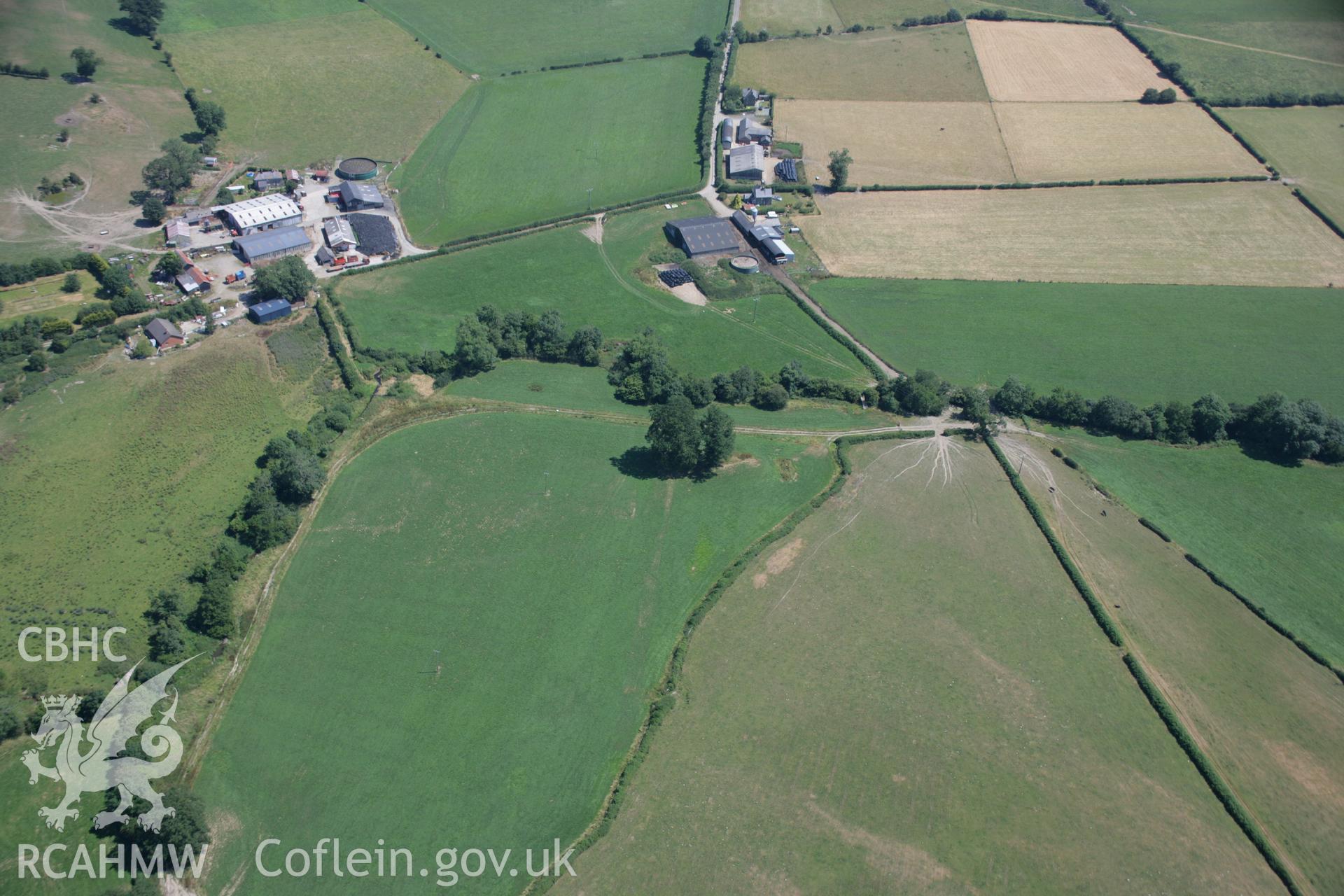 RCAHMW colour oblique aerial photograph of the Roman road between Carno and Trannon at Trefeglwys. Taken on 17 July 2006 by Toby Driver.