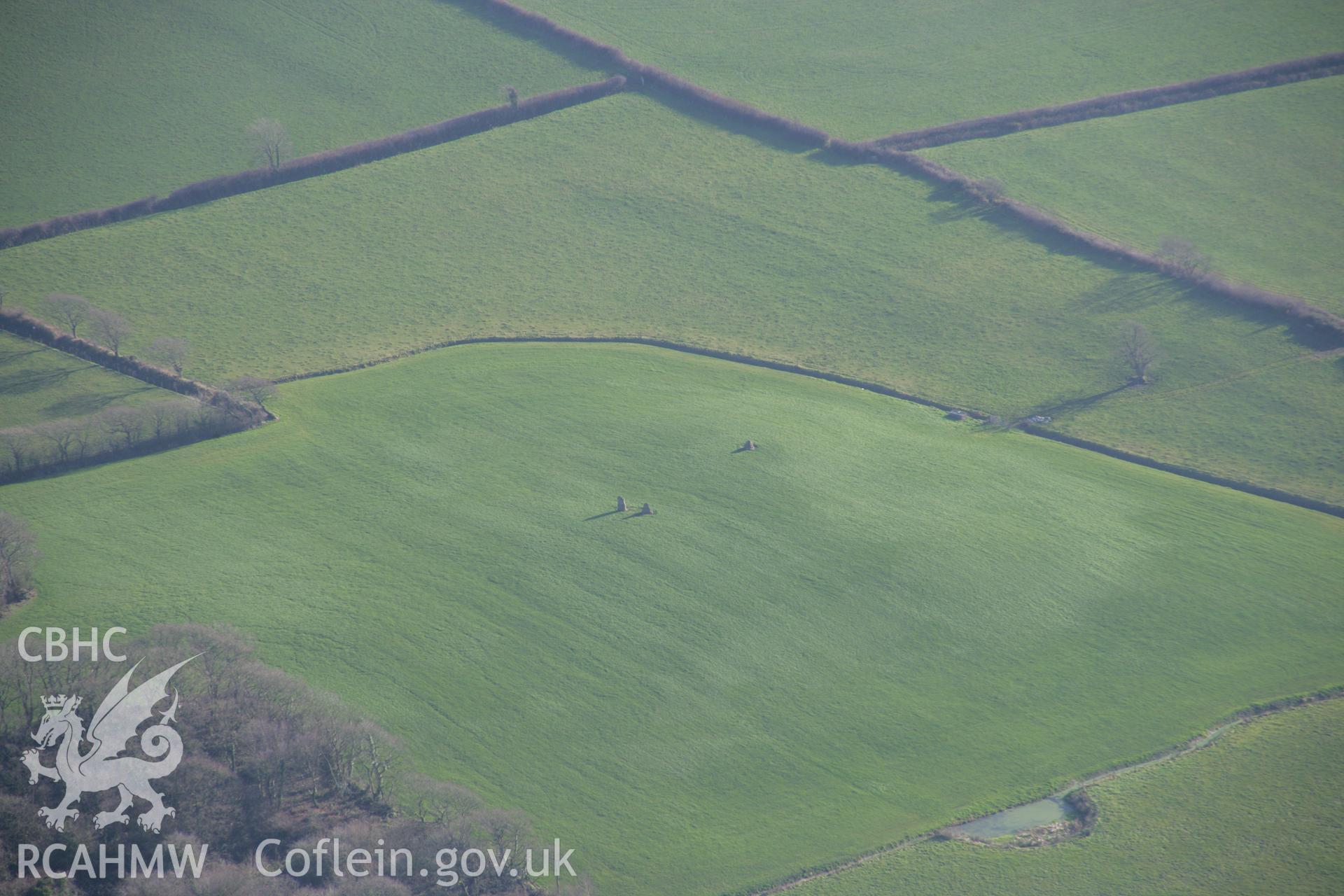 RCAHMW colour oblique aerial photograph of Meinillwydion Standing Stone Pair, Llandyfaelog, viewed from the north-west. Taken on 26 January 2006 by Toby Driver