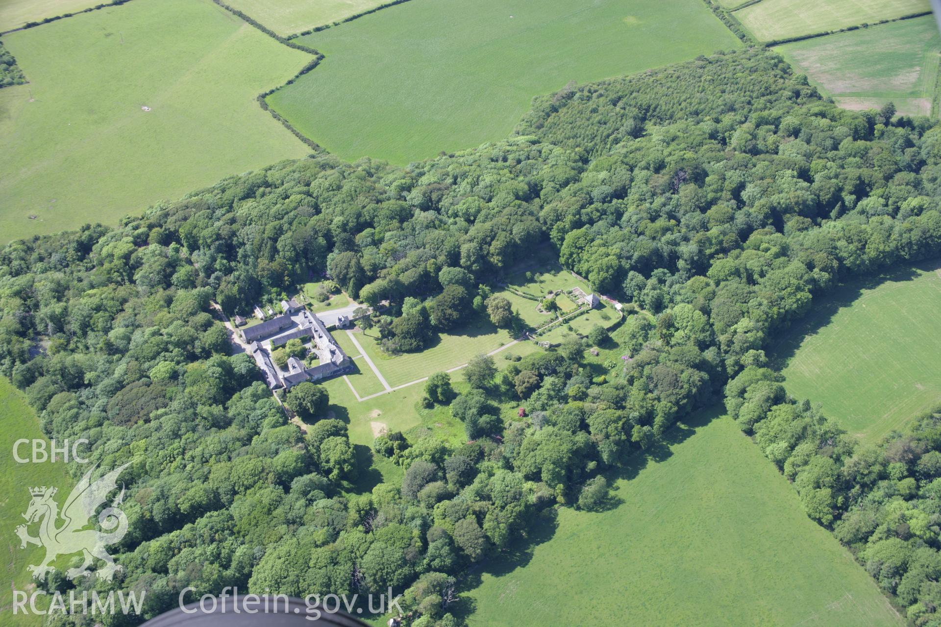 RCAHMW colour oblique aerial photograph of grounds and gardens at Cefnamwlch from the east. Taken on 14 June 2006 by Toby Driver.