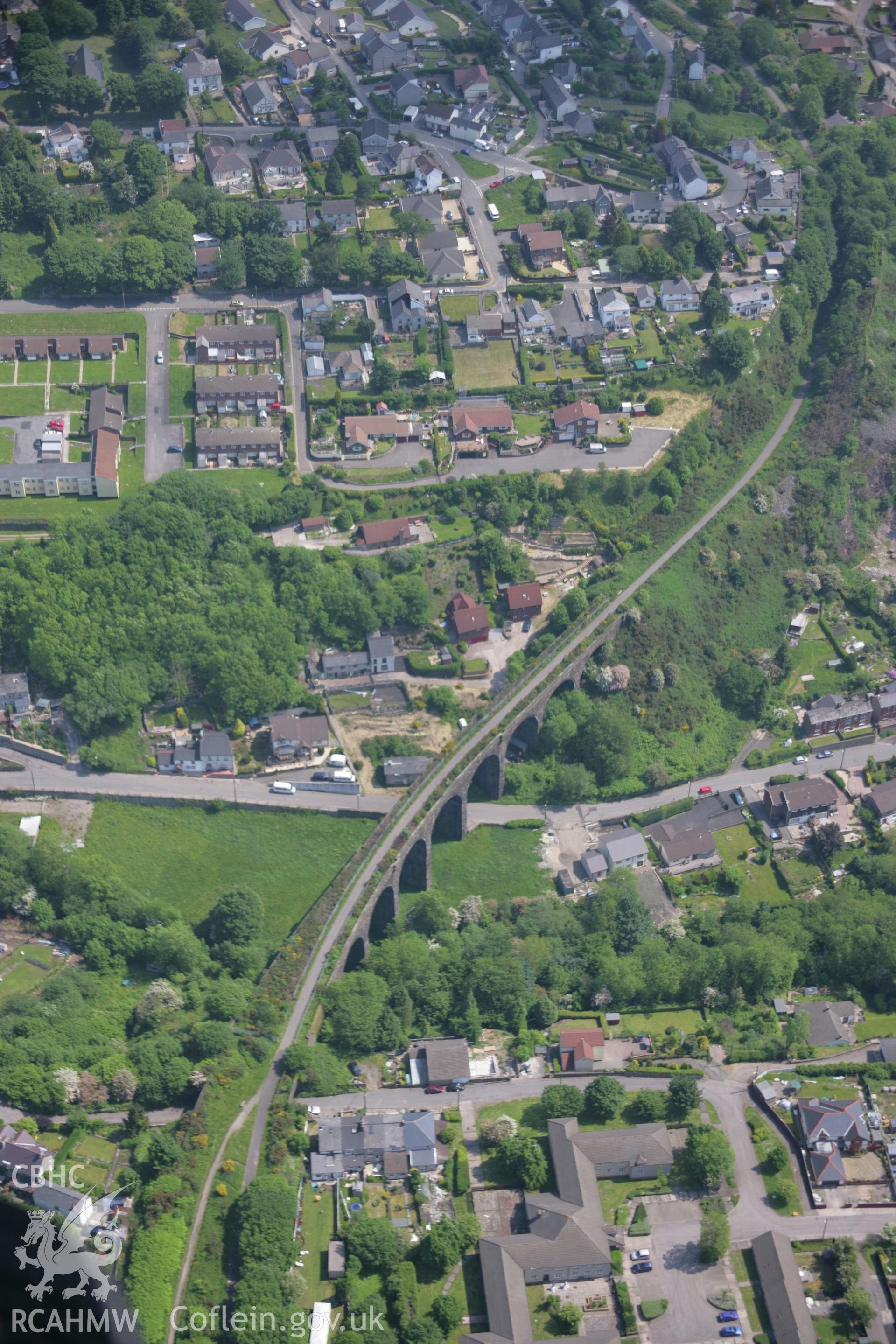 RCAHMW colour oblique aerial photograph of Talywain Railway Viaduct, Abersychan, from the west. Taken on 09 June 2006 by Toby Driver.