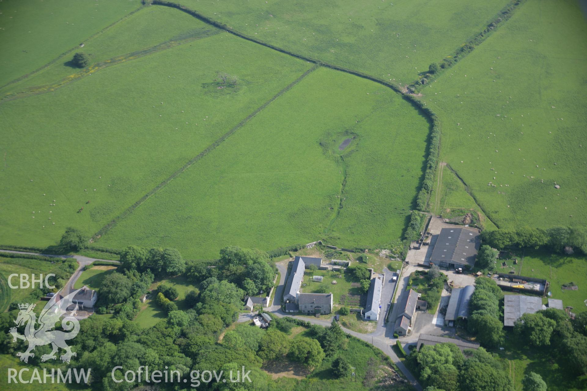 RCAHMW colour oblique aerial photograph of Coedcanlas Garden Earthworks, Martletwy, from the north-east. Taken on 08 June 2006 by Toby Driver.