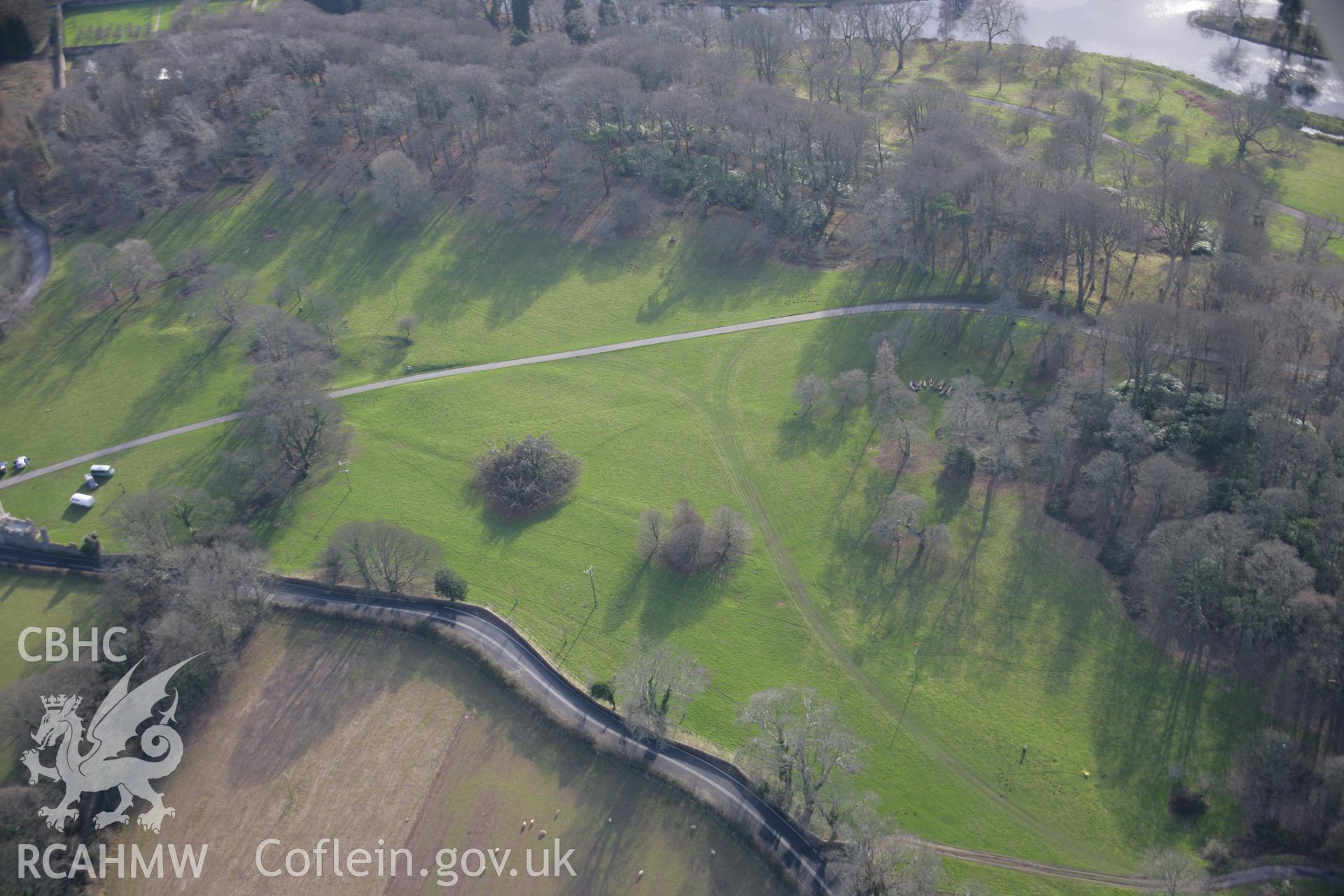 RCAHMW colour oblique aerial photograph of Penrice Castle Garden, showing earthworks of former field boundaries, viewed from the north-east. Taken on 26 January 2006 by Toby Driver.