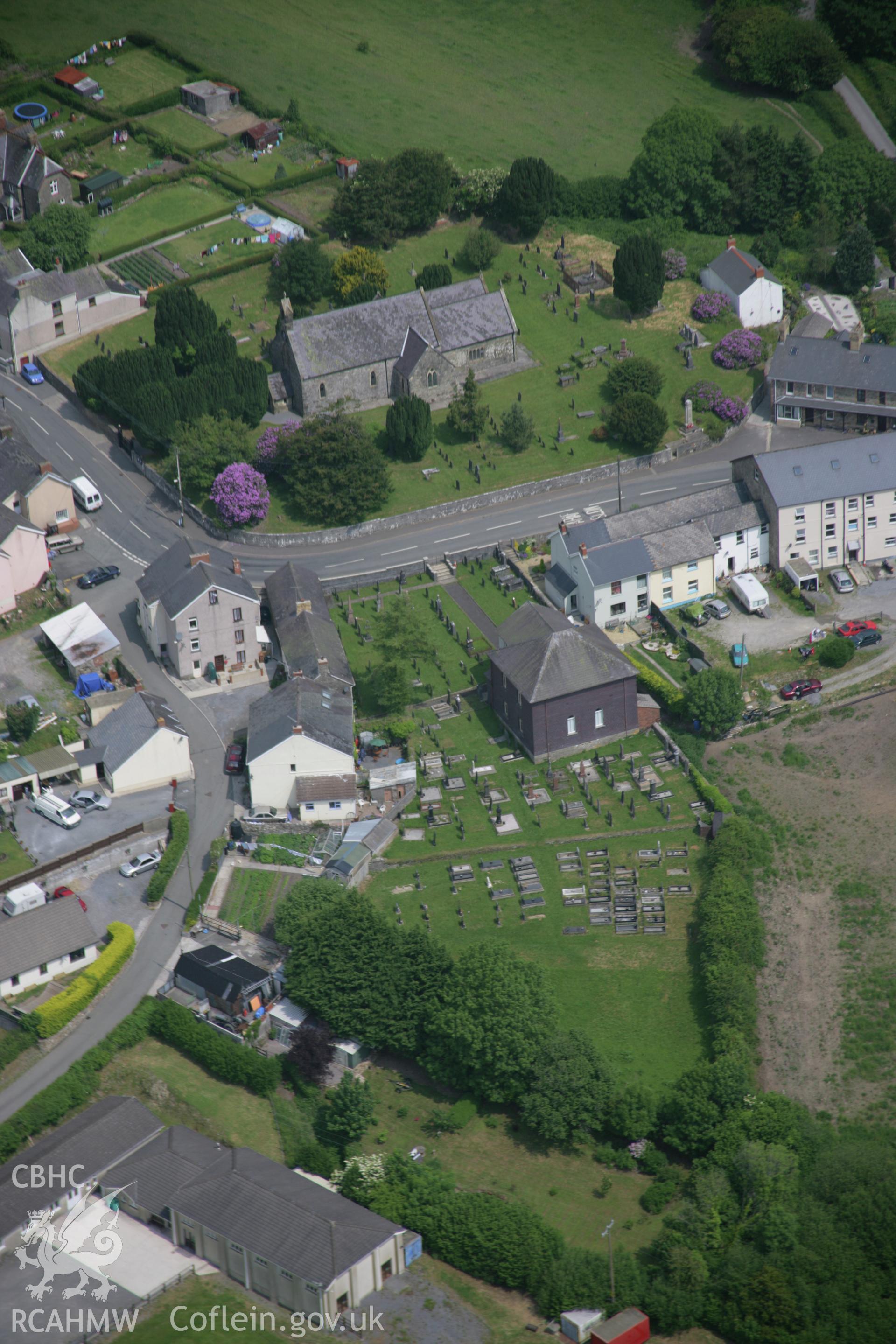 RCAHMW colour oblique aerial photograph of St Brynach's, Llanboidy Village, viewed from the south. Taken on 15 June 2006 by Toby Driver.