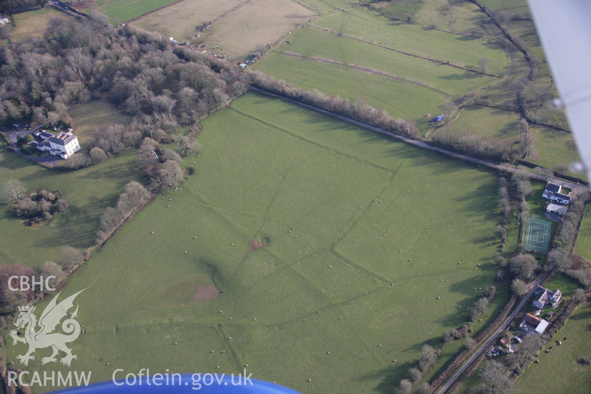 RCAHMW colour oblique aerial photograph of Stout Hall Earthworks from the north-west. Taken on 26 January 2006 by Toby Driver.