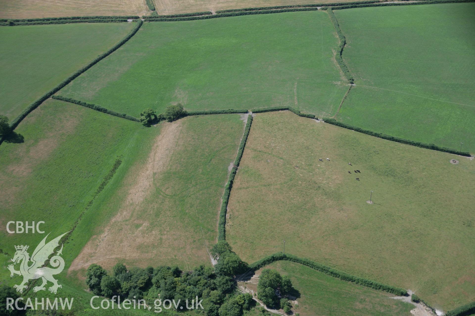 RCAHMW colour oblique aerial photograph of a cropmark enclosure south of Blaen-Lliwe. Taken on 24 July 2006 by Toby Driver.