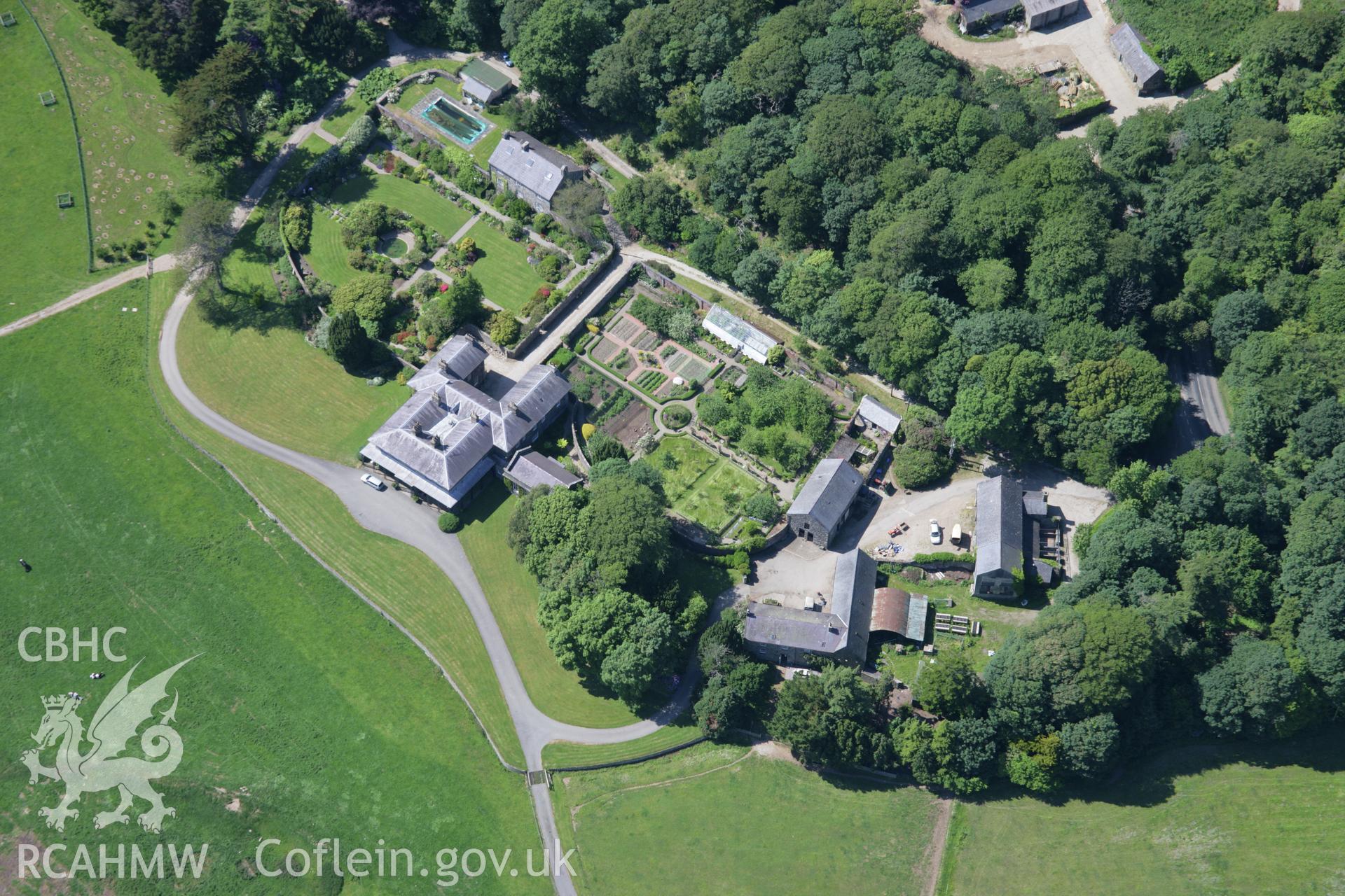 RCAHMW colour oblique aerial photograph of Nanhoron house, Botwnnog, viewed from the east. Taken on 14 June 2006 by Toby Driver.