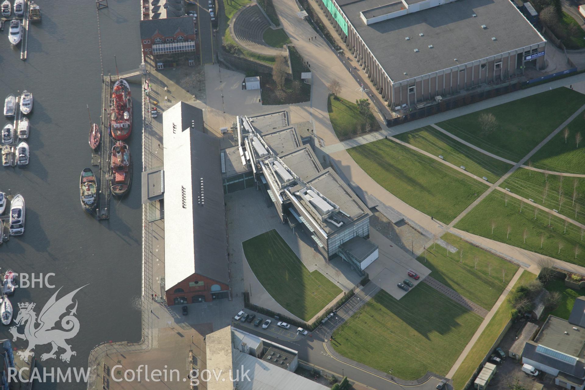 RCAHMW colour oblique aerial photograph of National Waterfront Museum, Swansea, viewed from the east. Taken on 26 January 2006 by Toby Driver.