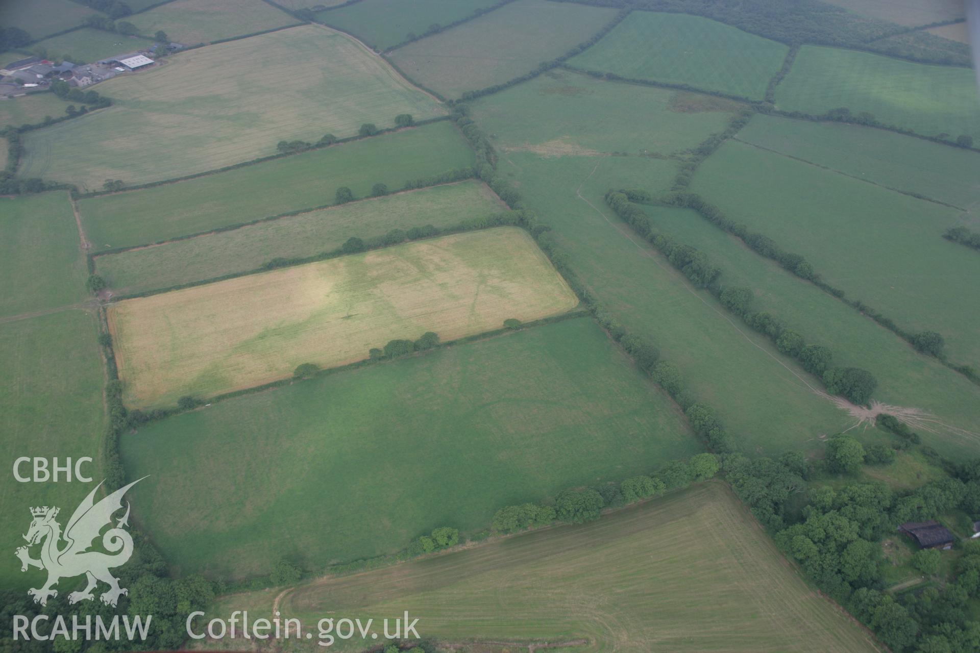 RCAHMW colour oblique aerial photograph of a cropmark enclosure southwest of Little Newton. Taken on 21 July 2006 by Toby Driver.