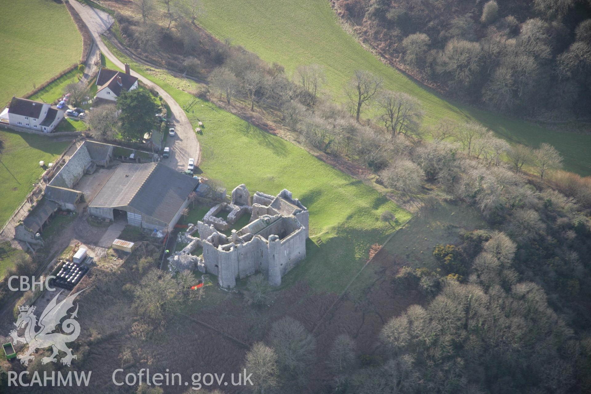 RCAHMW colour oblique aerial photograph of Weobley Castle from the north-east. Taken on 26 January 2006 by Toby Driver.