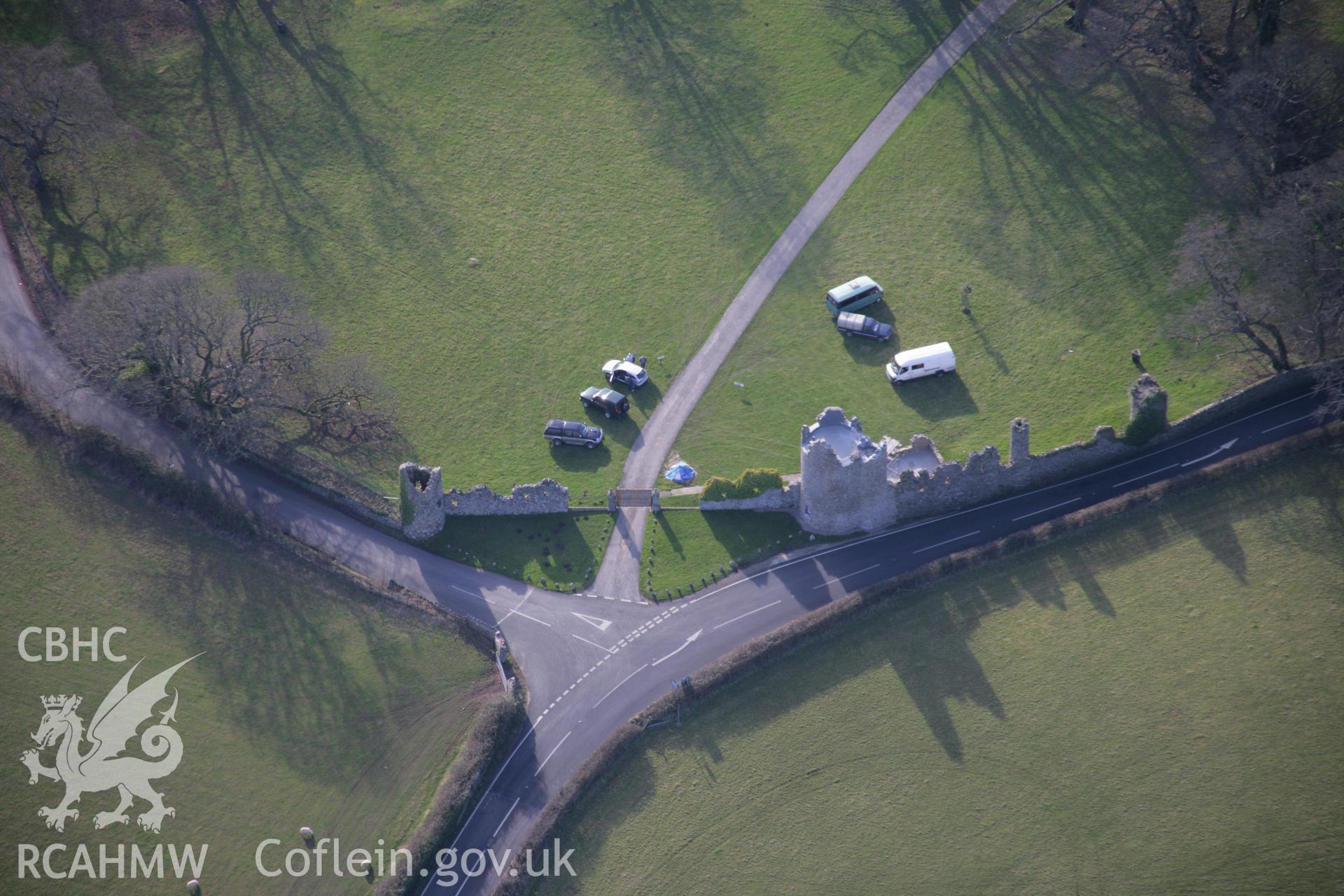 RCAHMW colour oblique aerial photograph of Penrice Castle Towers and lodge, viewed from the north-east. Taken on 26 January 2006 by Toby Driver.