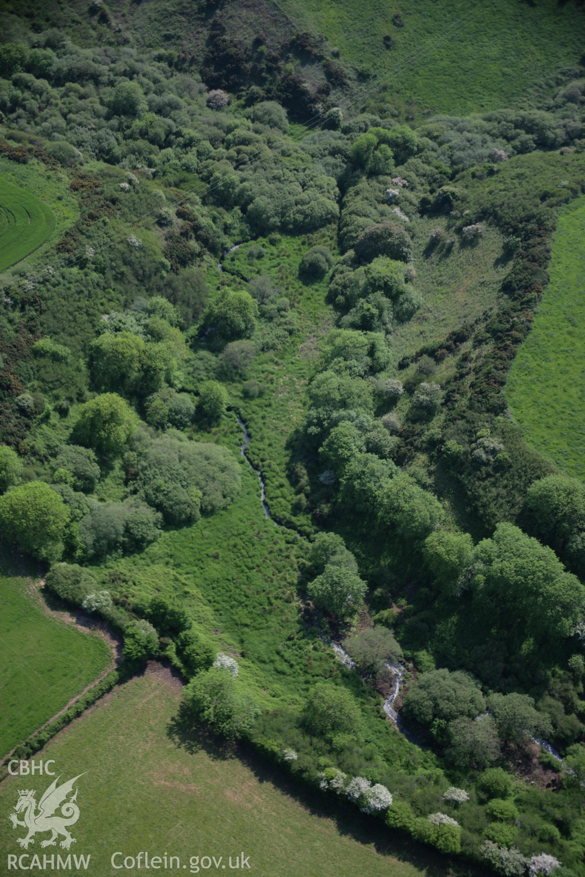 RCAHMW colour oblique aerial photograph of Castle Hill Enclosure, Brandy Brook, Landsker Line, viewed from the north-east. Taken on 08 June 2006 by Toby Driver