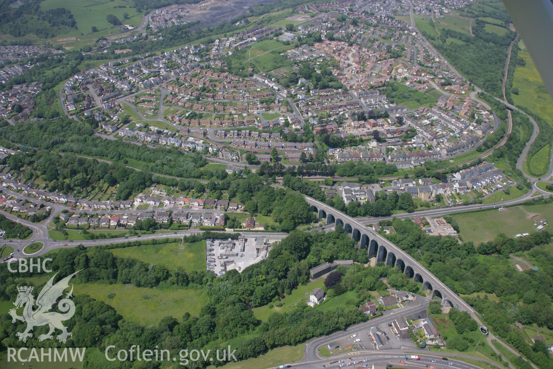 RCAHMW colour oblique aerial photograph of Hengoed Viaduct, Ystrad Mynach, from the east. Taken on 09 June 2006 by Toby Driver.