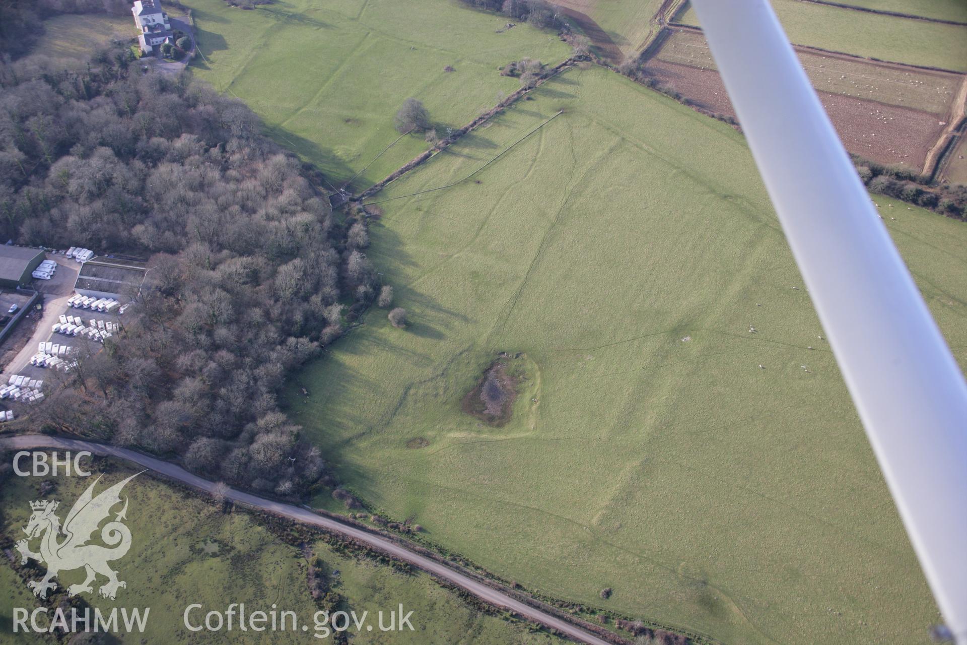 RCAHMW colour oblique aerial photograph of Stout Hall Earthworks from the south-east. Taken on 26 January 2006 by Toby Driver.