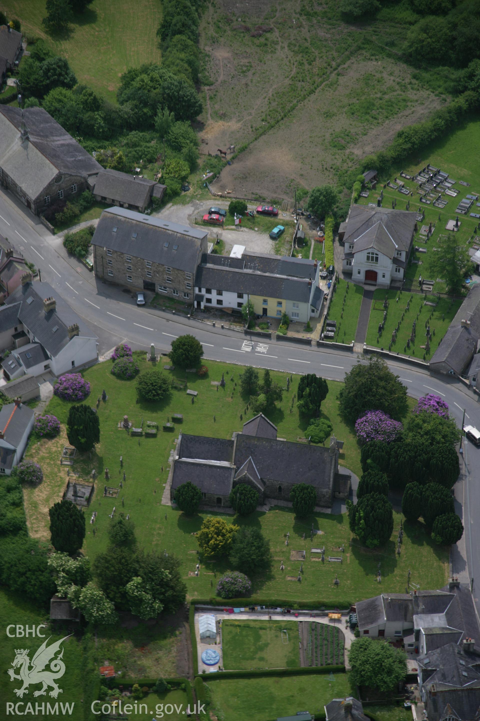 RCAHMW colour oblique aerial photograph of St Brynach's, Llanboidy Village, viewed from the north. Taken on 15 June 2006 by Toby Driver.