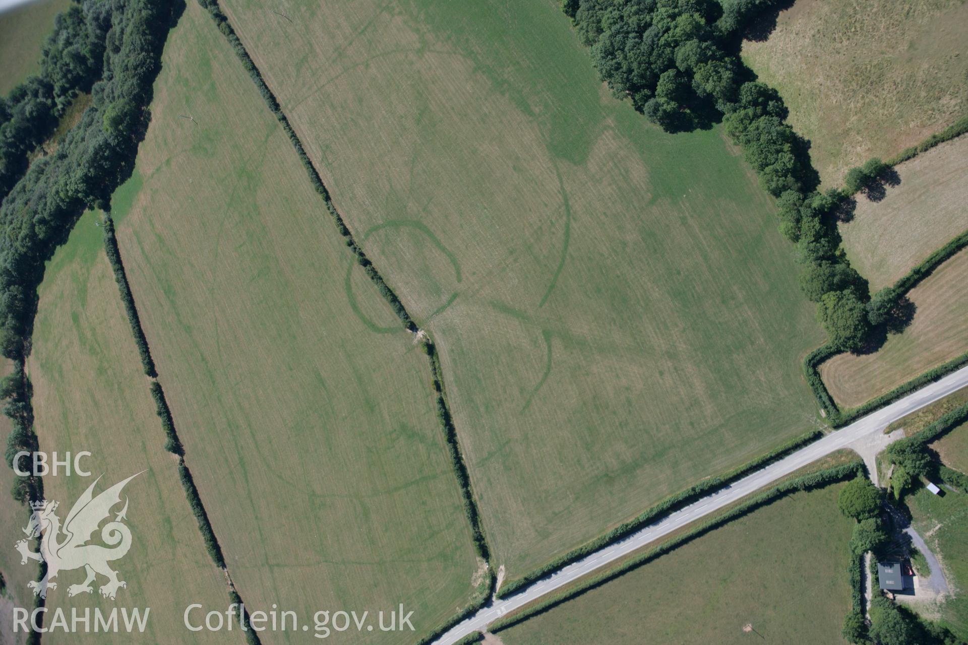 RCAHMW colour oblique aerial photograph of a concentric cropmark enclosure northwest of Brechfa. Taken on 24 July 2006 by Toby Driver.