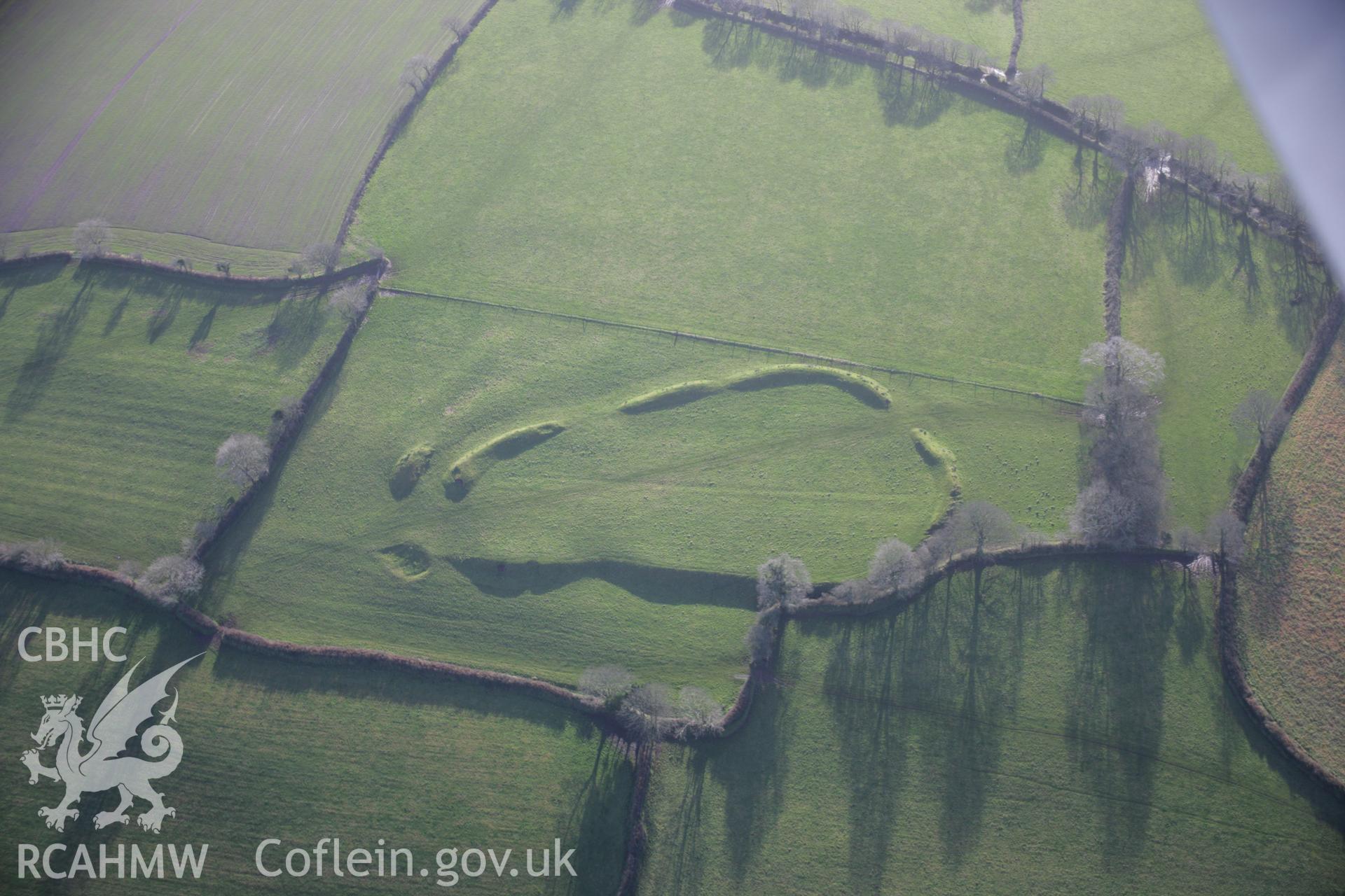 RCAHMW colour oblique aerial photograph of Molleston Back Hillfort Enclosure, viewed from the north. Taken on 11 January 2006 by Toby Driver.