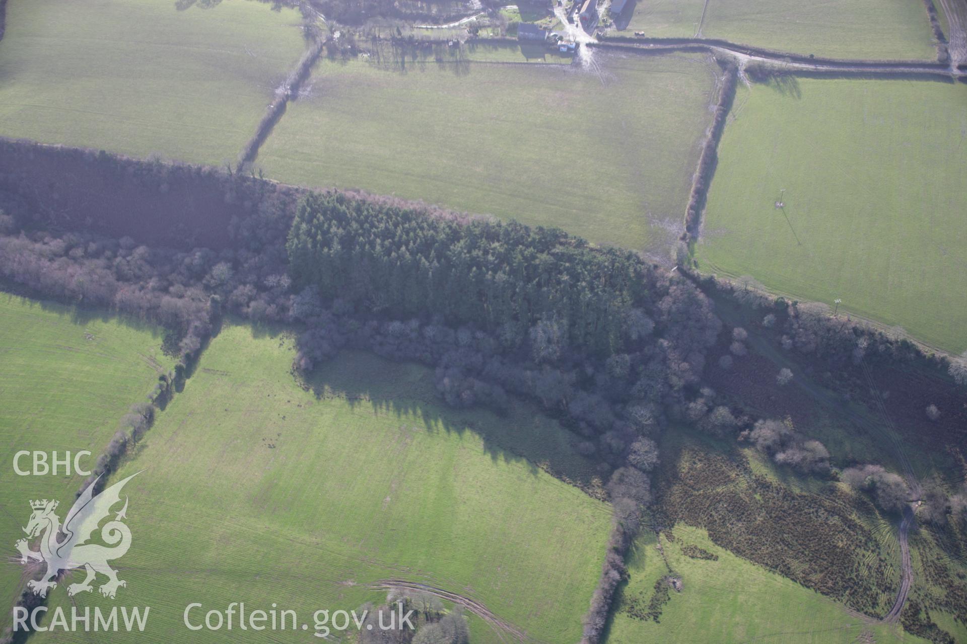 RCAHMW colour oblique aerial photograph of a burnt mound north of Dinaston Farm viewed from the north-east. Taken on 11 January 2006 by Toby Driver.