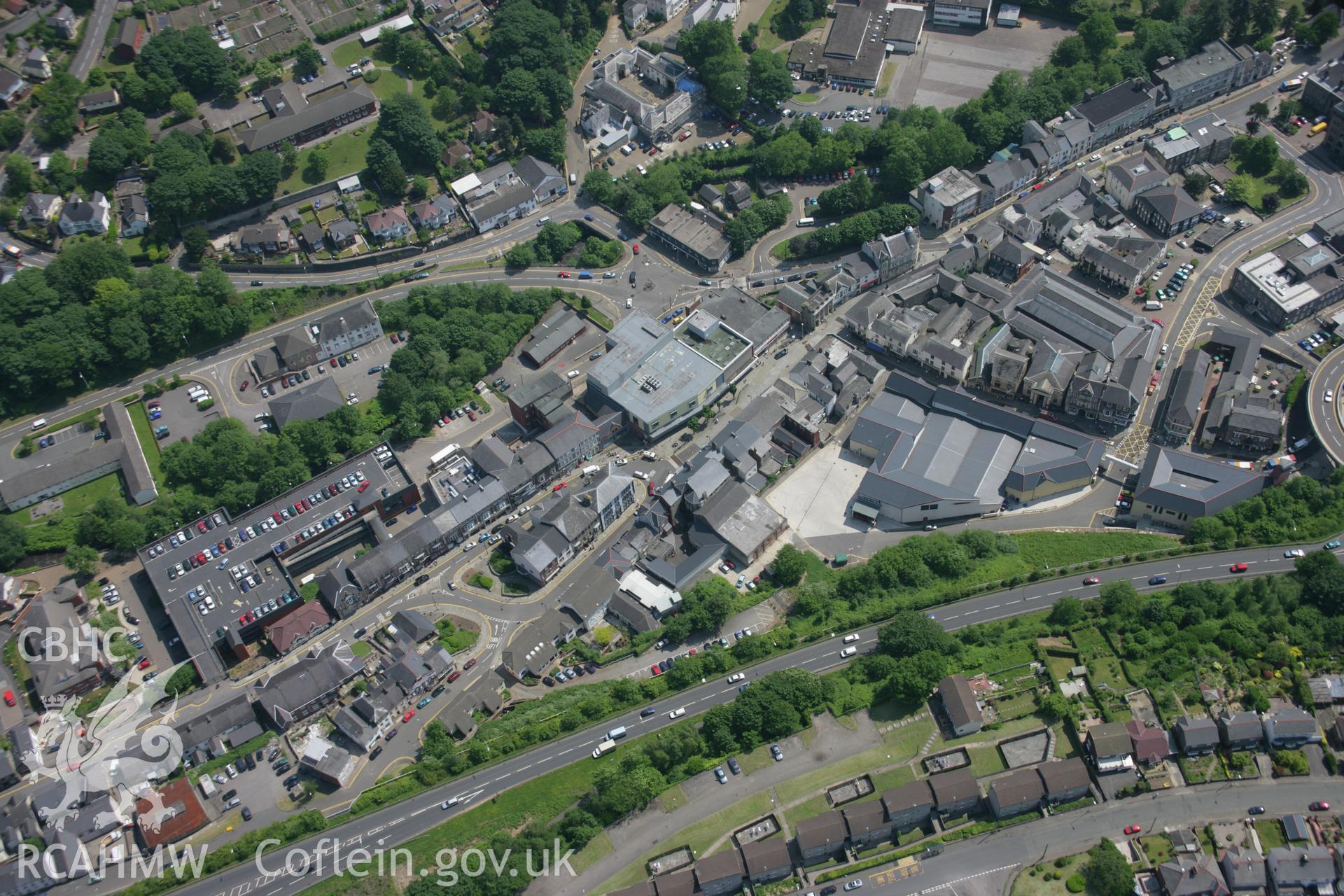 RCAHMW colour oblique aerial photograph of Pontypool showing the town centre from the west. Taken on 09 June 2006 by Toby Driver.