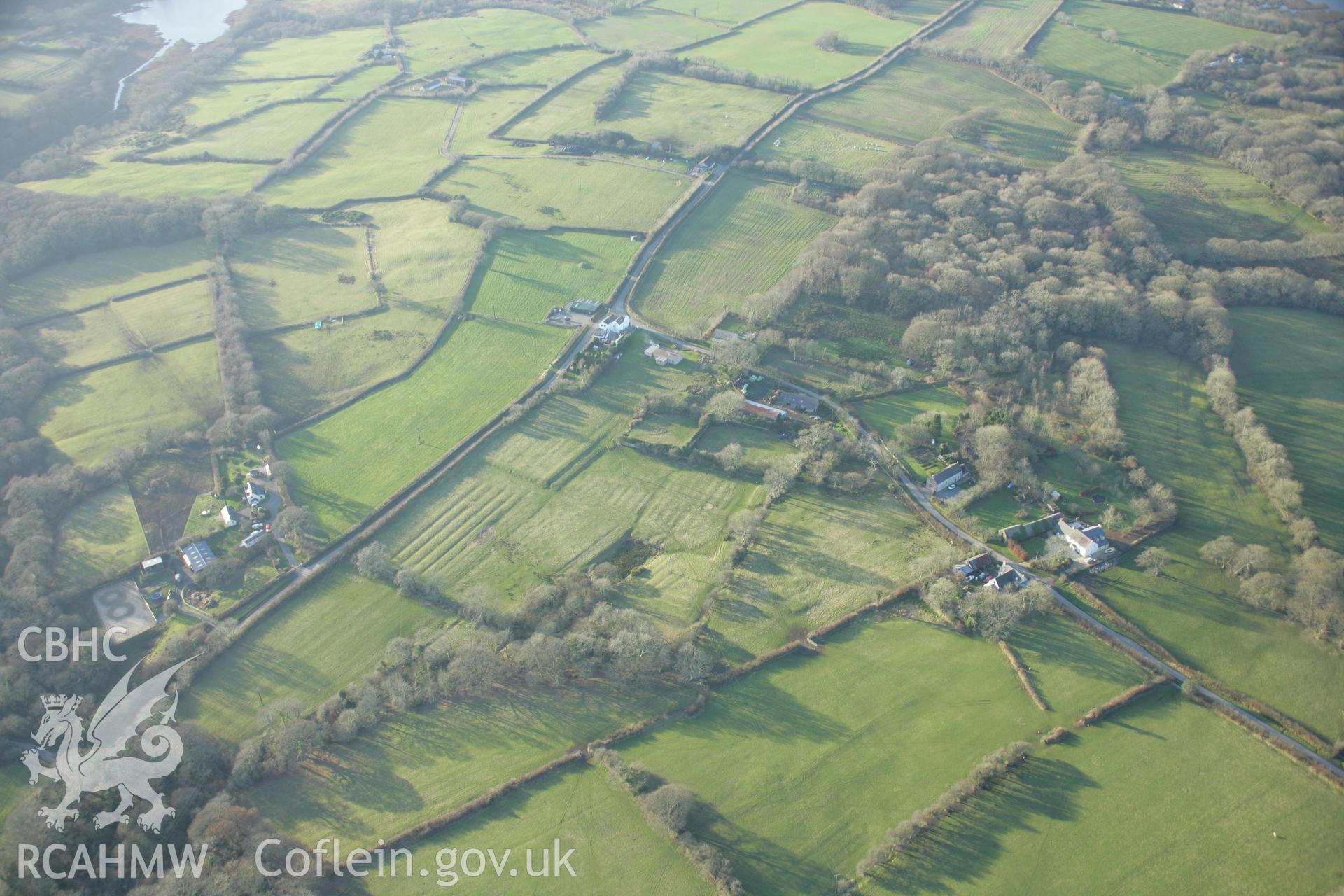 RCAHMW colour oblique aerial photograph of Landshipping House Garden Earthworks, viewed from the east. Taken on 26 January 2006 by Toby Driver.