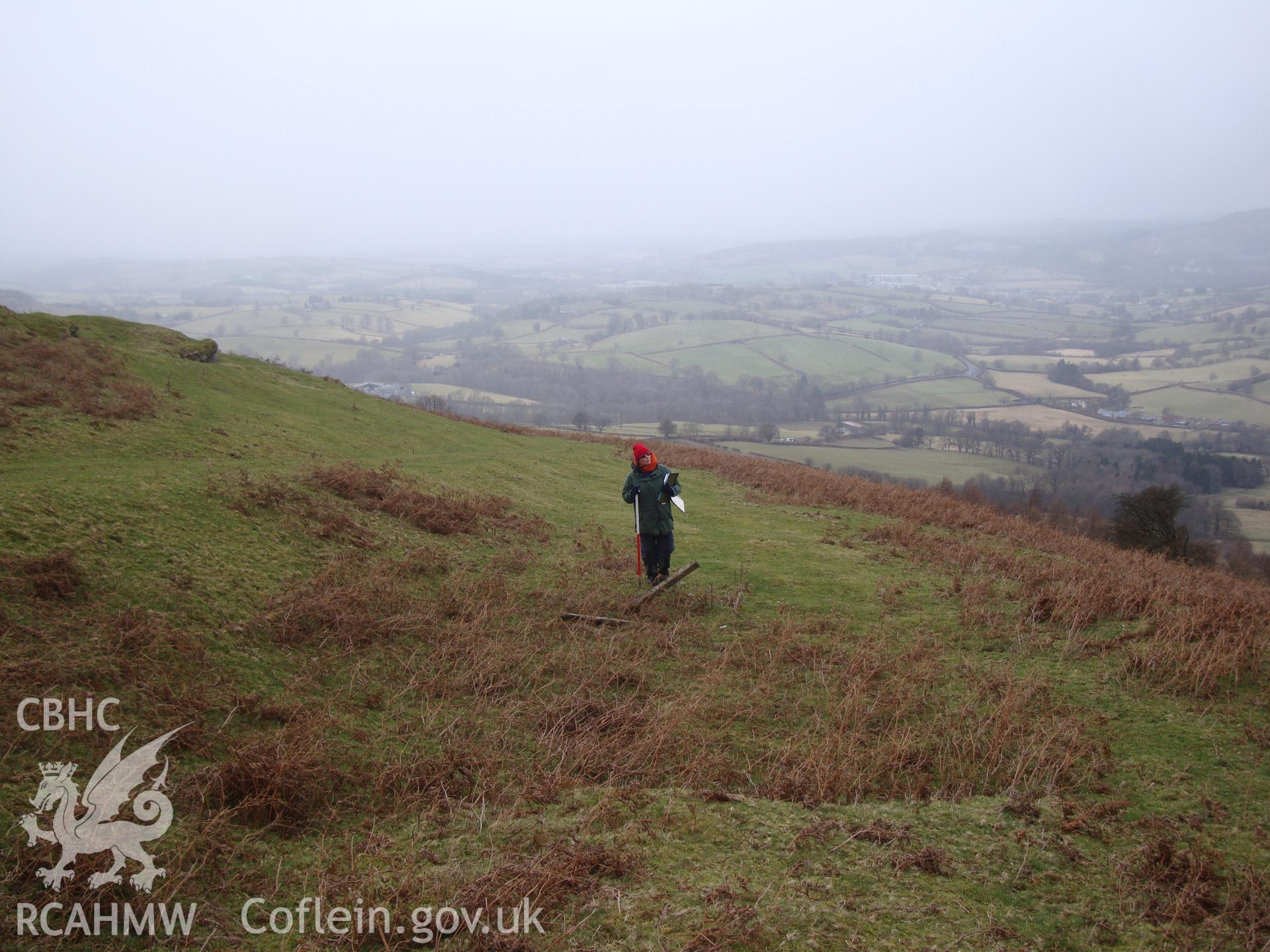 Digital colour photograph of Cwmhindda earthwork platform IV taken on 11/01/2009 by R.P.Sambrook during the Banc y Celyn Upland Survey undertaken by Trysor.